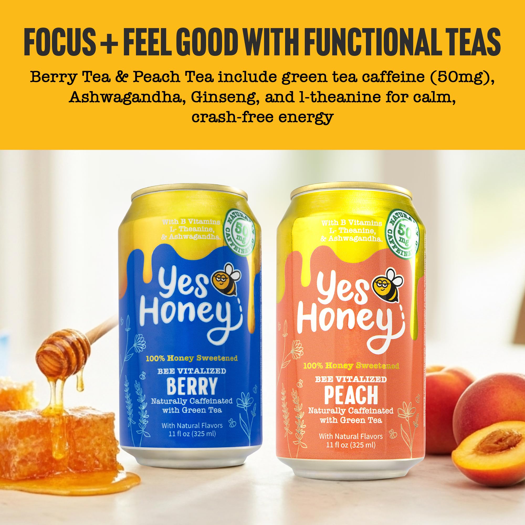 Yes Honey Sparkling Tea & Soda Variety Pack, 5 Flavors, 11oz Cans, 100% Honey-Sweetened, Functional Teas & Caffeine-Free Sodas, Alpha Gal Friendly