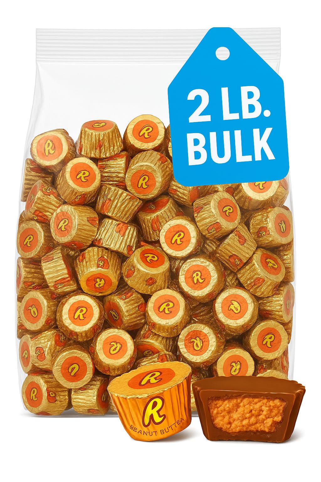 Milk Chocolate Peanut Butter Cup Candies - 2 LB Bulk Individually Wrapped Chocolate Treats - Approx. 105 Pieces - Party Favors, Snacks & Holiday Candy