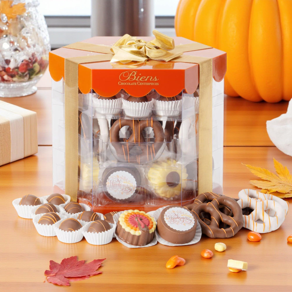 Biens Chocolate Centerpieces, Thanksgiving Selection Box - 42 Piece Fall Gift Set with Covered Chocolate Sandwich Cookies, Pretzels & Hand Decorated