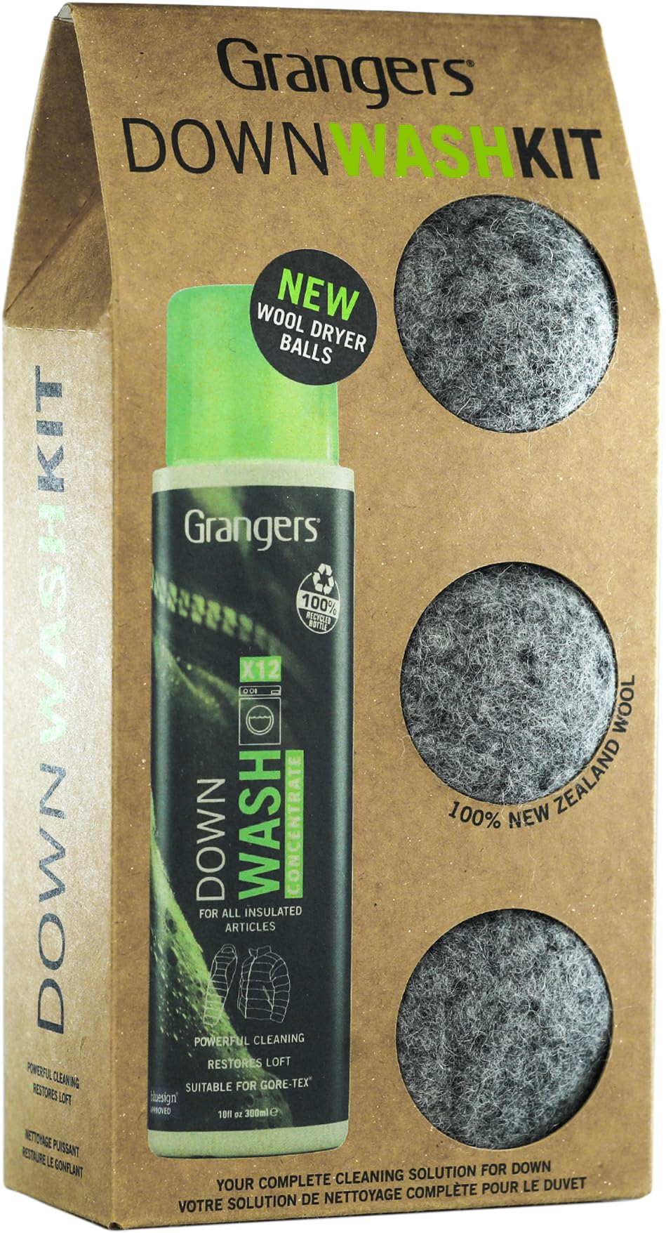 Grangers Down Wash Kit - Down Wash (10 fl oz) & 3 Reusable Wool Dryer Balls | Technical Cleaner for Down Jackets, Sleeping Bags & Bedding - Restores