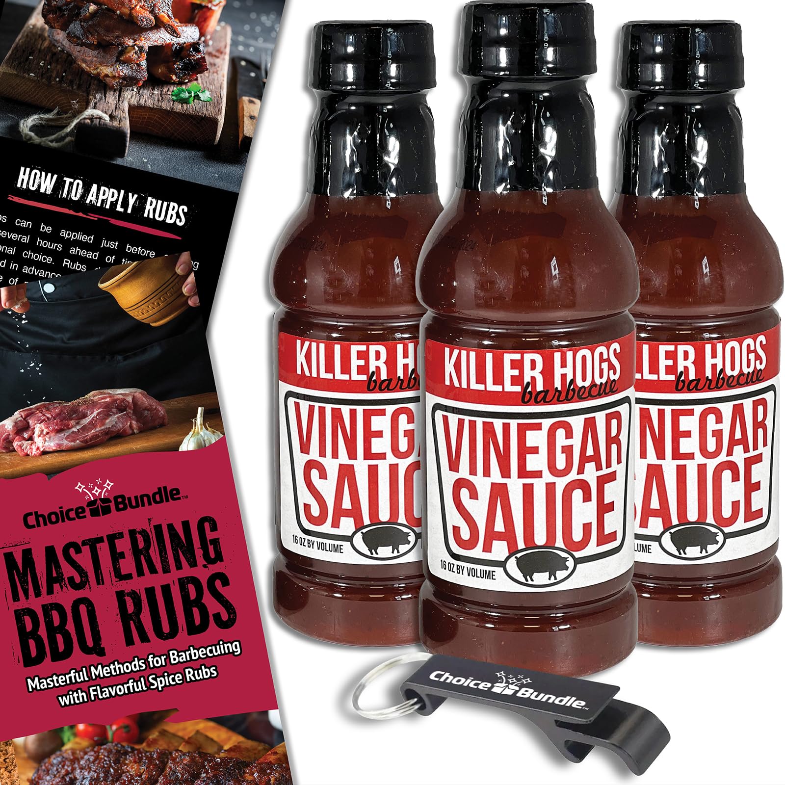 Killer Hogs Vinegar Sauce BBQ 3 pk (48 oz) Great to Dip Toss Glaze & More + Barbecue Masters & Bottle Opener (5 Items)!