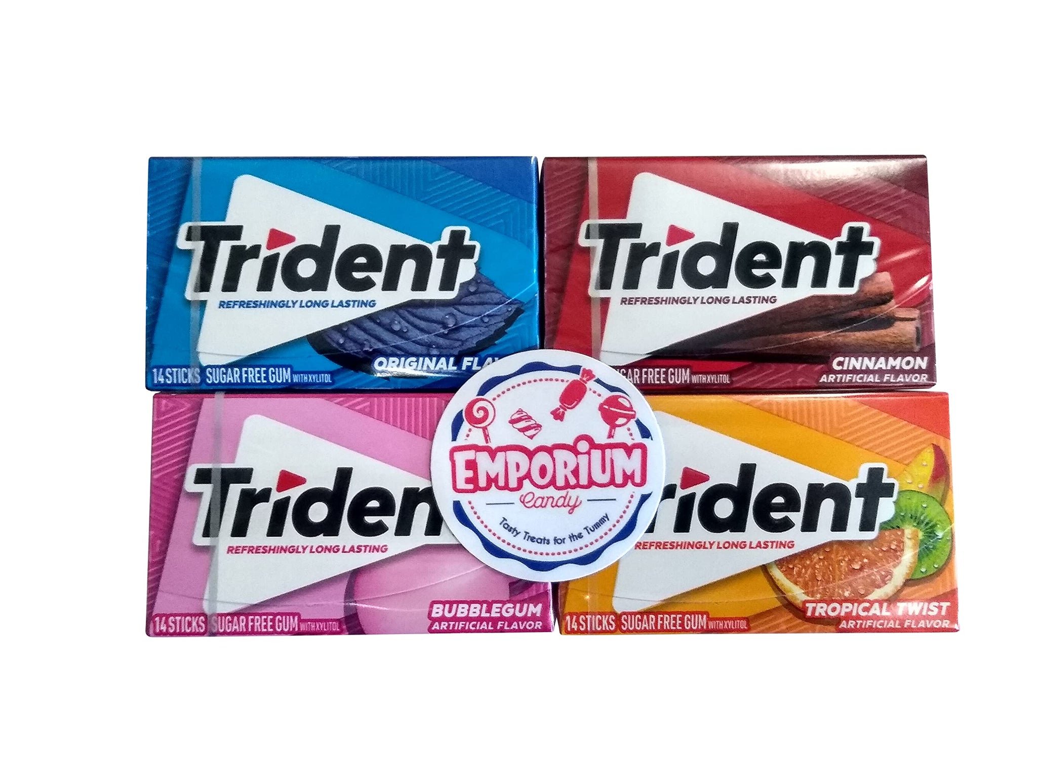 EMPORIUM CANDY TASTY TREATS FOR THE TUMMY Trident Gum Assortment - 1 Pack Each of Bubblegum Original Cinnamon Tropical Twist - 14 Pieces per Pack