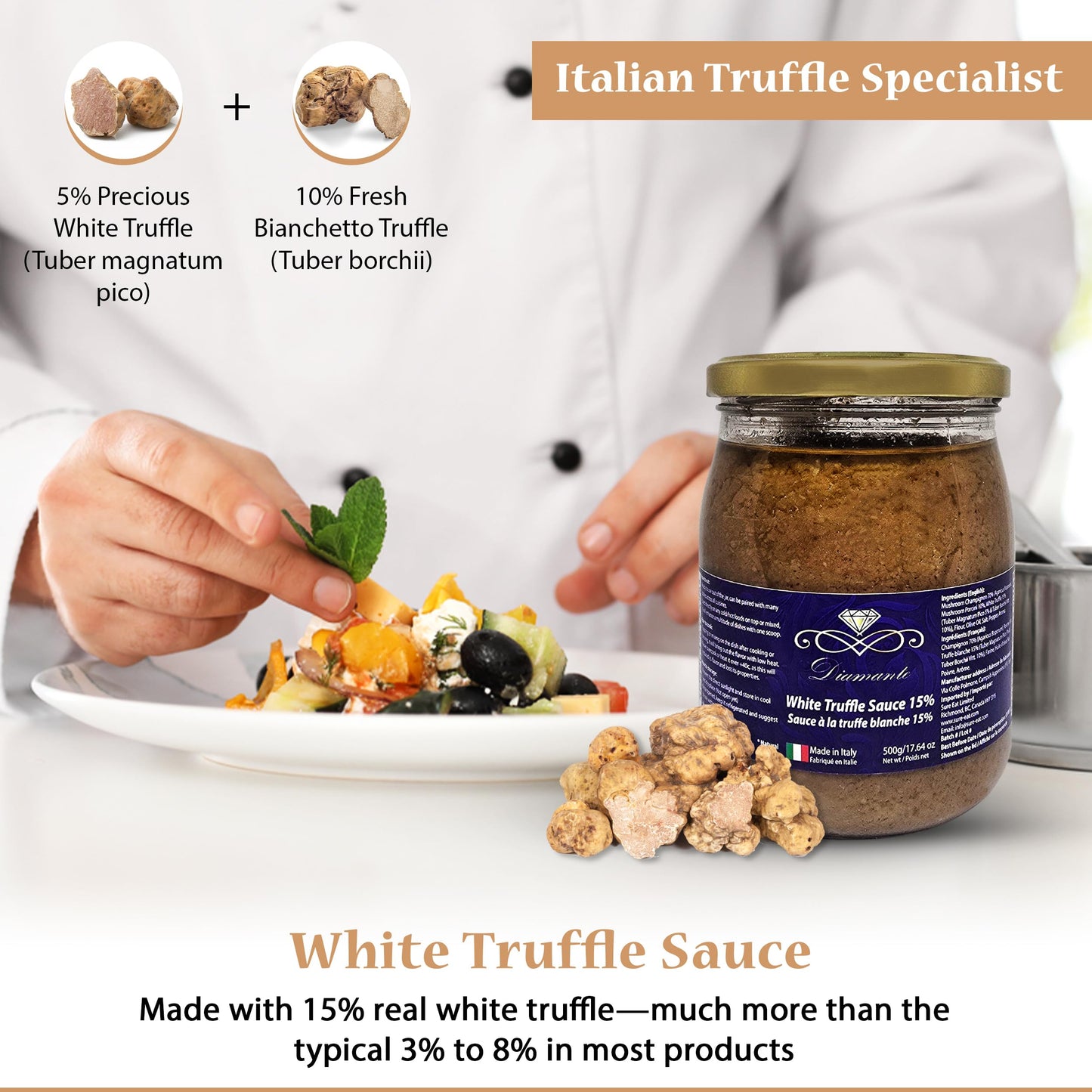 Diamante Italy White Truffle Sauce with High 15% White Truffle Content - Authentic Italian Gourmet White Truffle & Mushroom Sauce - Non GMO, Vegan
