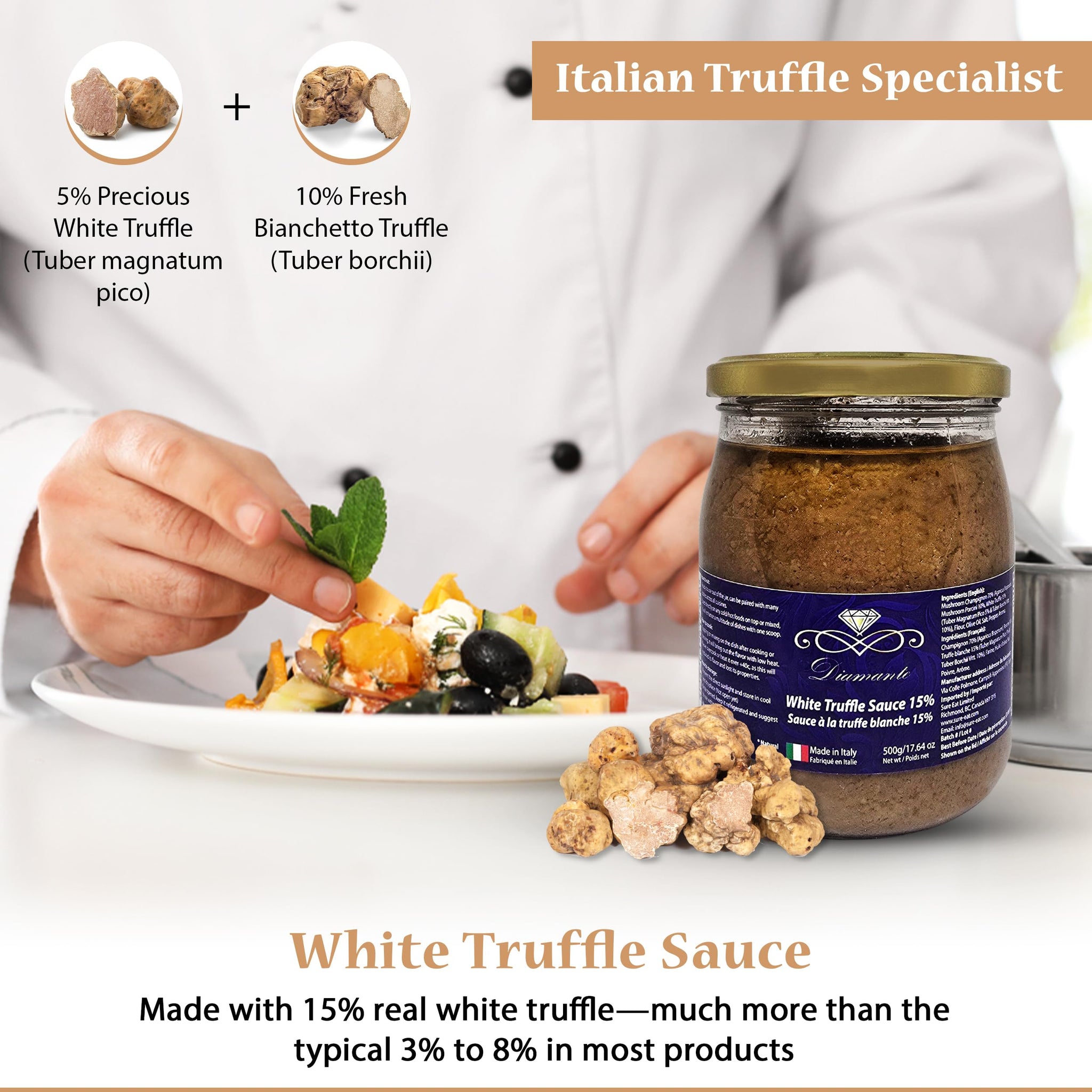 Diamante Italy White Truffle Sauce with High 15% White Truffle Content - Authentic Italian Gourmet White Truffle & Mushroom Sauce - Non GMO, Vegan