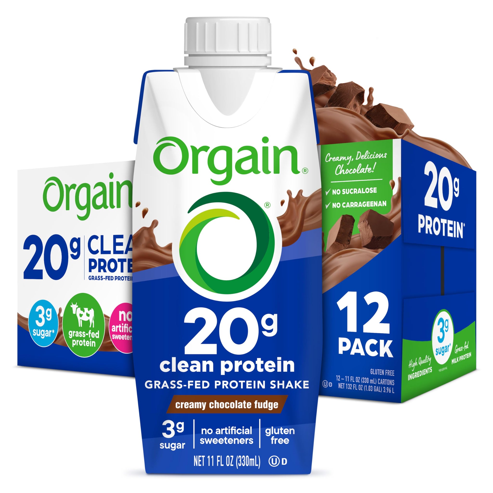 Orgain Clean Protein Shake, Grass Fed Dairy, Creamy Chocolate Fudge - 20g Whey High Protein, Kosher, Ready to Drink, Low Net Carbs, Gluten Free, No
