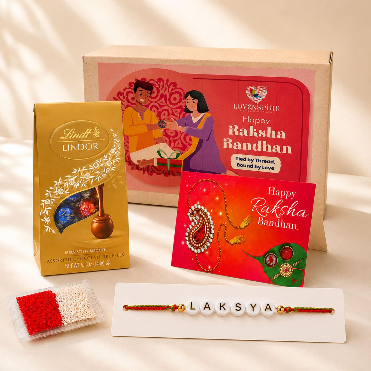 LoveNspire Personalized Name Bead Rakhi for Brother - Custom Bracelet Jewelry Gift with Greeting Card, Roli Chawal & Chocolates, Raksha Bandhan Gift
