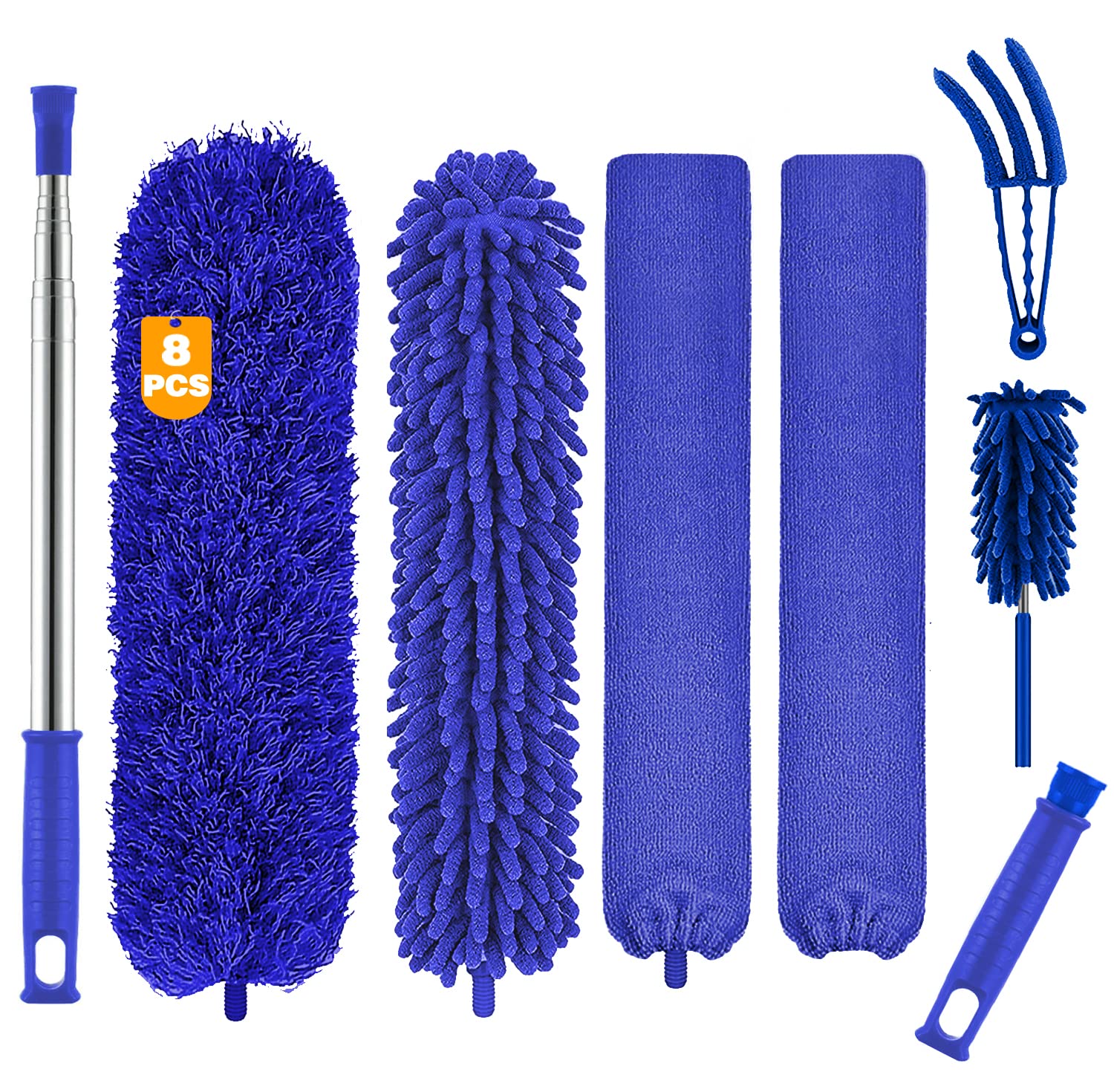 Buysenton Microfiber Duster, 8PCS Feather Duster with 100 Inch Telescoping Extension Pole, Reusable Bendable Dusters, Washable Lightweight Dusters