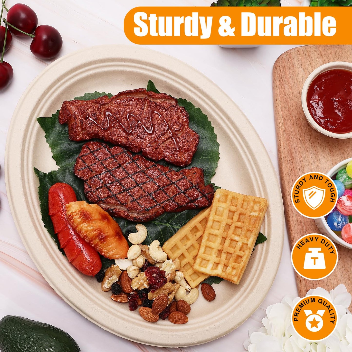 RAIHOMKIT 50 Pack Oval Paper Plates,Disposable Paper Plates,Heavy Duty Paper Plates,Natural Bagasse Unbleached Eco-Friendly Sugarcane Plates for BBQ