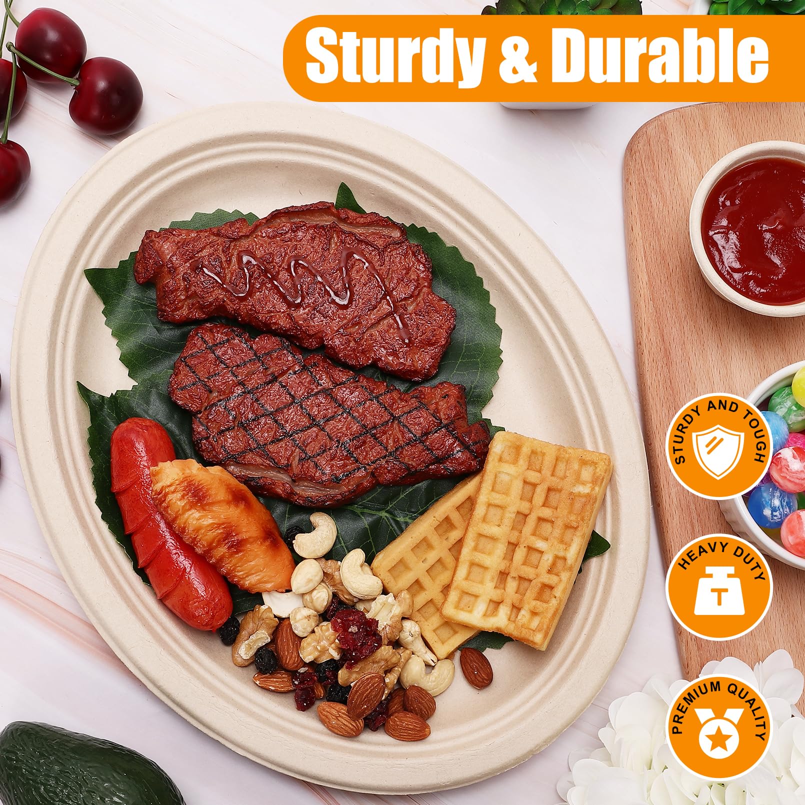 RAIHOMKIT 50 Pack Oval Paper Plates,Disposable Paper Plates,Heavy Duty Paper Plates,Natural Bagasse Unbleached Eco-Friendly Sugarcane Plates for BBQ