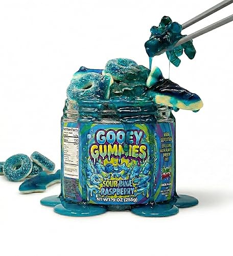 Sour Gooey Ultimate Mix Gummies, Sour Blue Raspberry Gummy Candy Mix, Ooze Sticky Gummies, Liquid Chewy Sweet Treat Resealable Container [Choose the