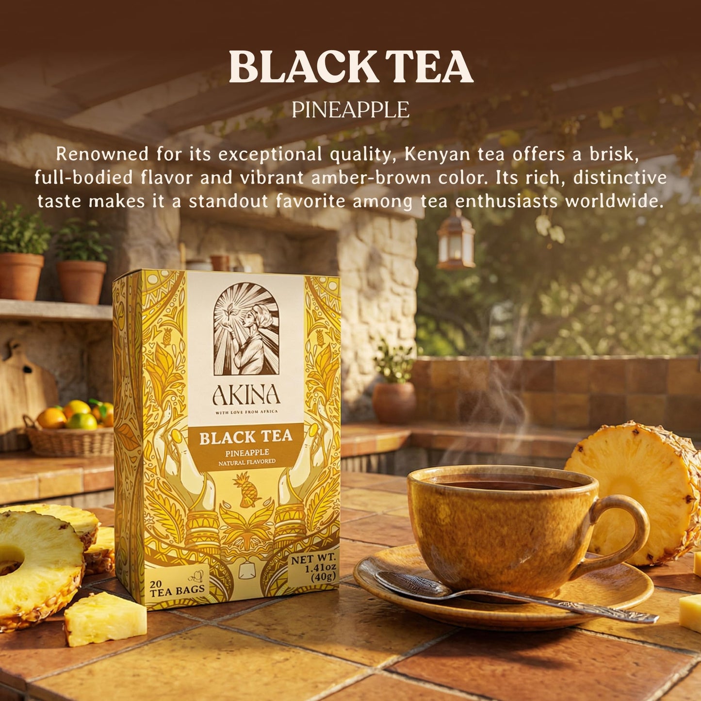 AKINA - Pineapple Flavored Black Tea Bags, Individually Wrapped, Fruity Envelope Kenyan Pineapple Tea Bags, Sweet and Tangy with Uplifting Tropical