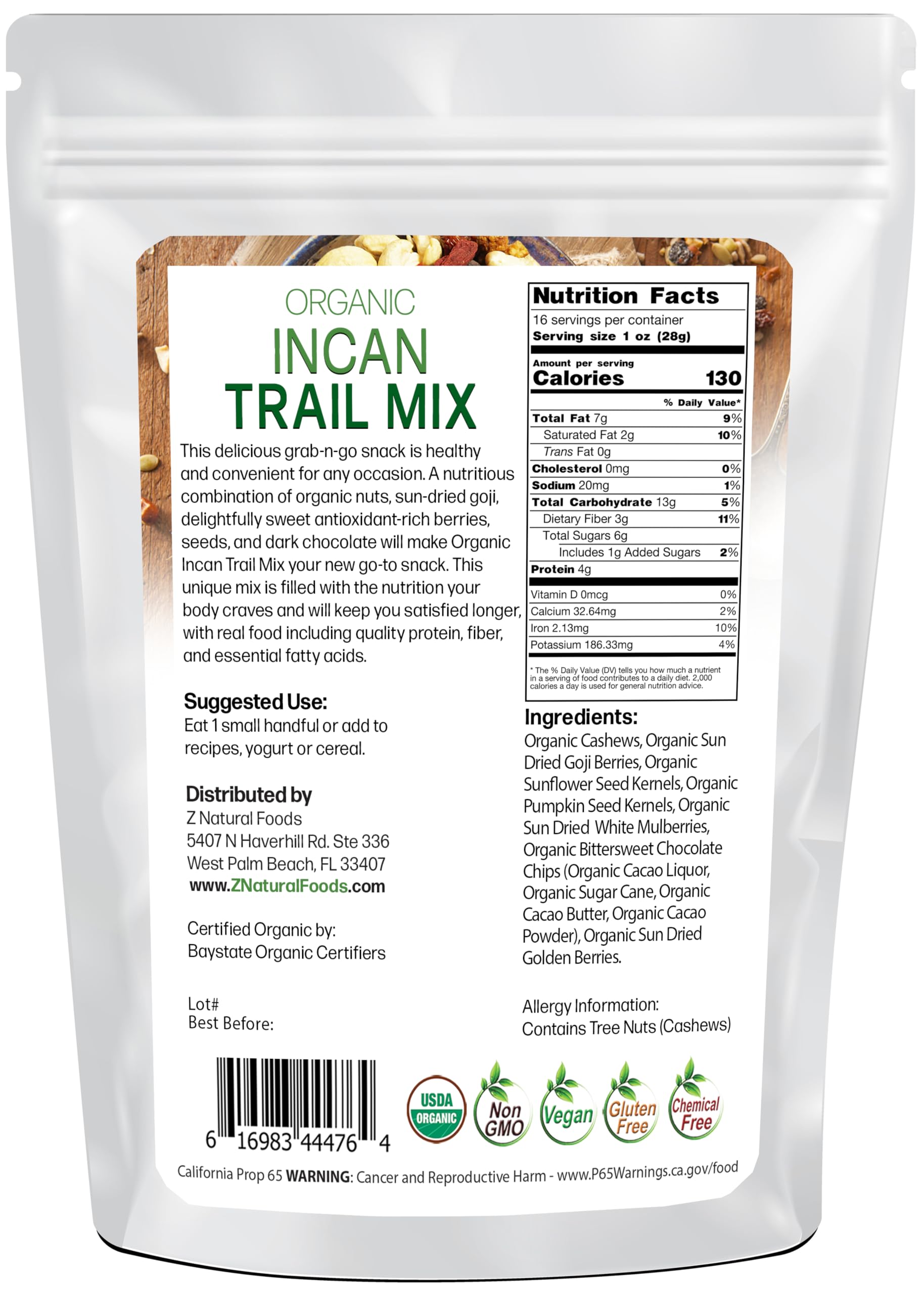 Organic Incan Trail Mix - Raw Superfood Snack - Cashews + Sunflower Seeds + Dark Chocolate Chips + Pumpkin Seeds + White Mulberries + Goji Berries +