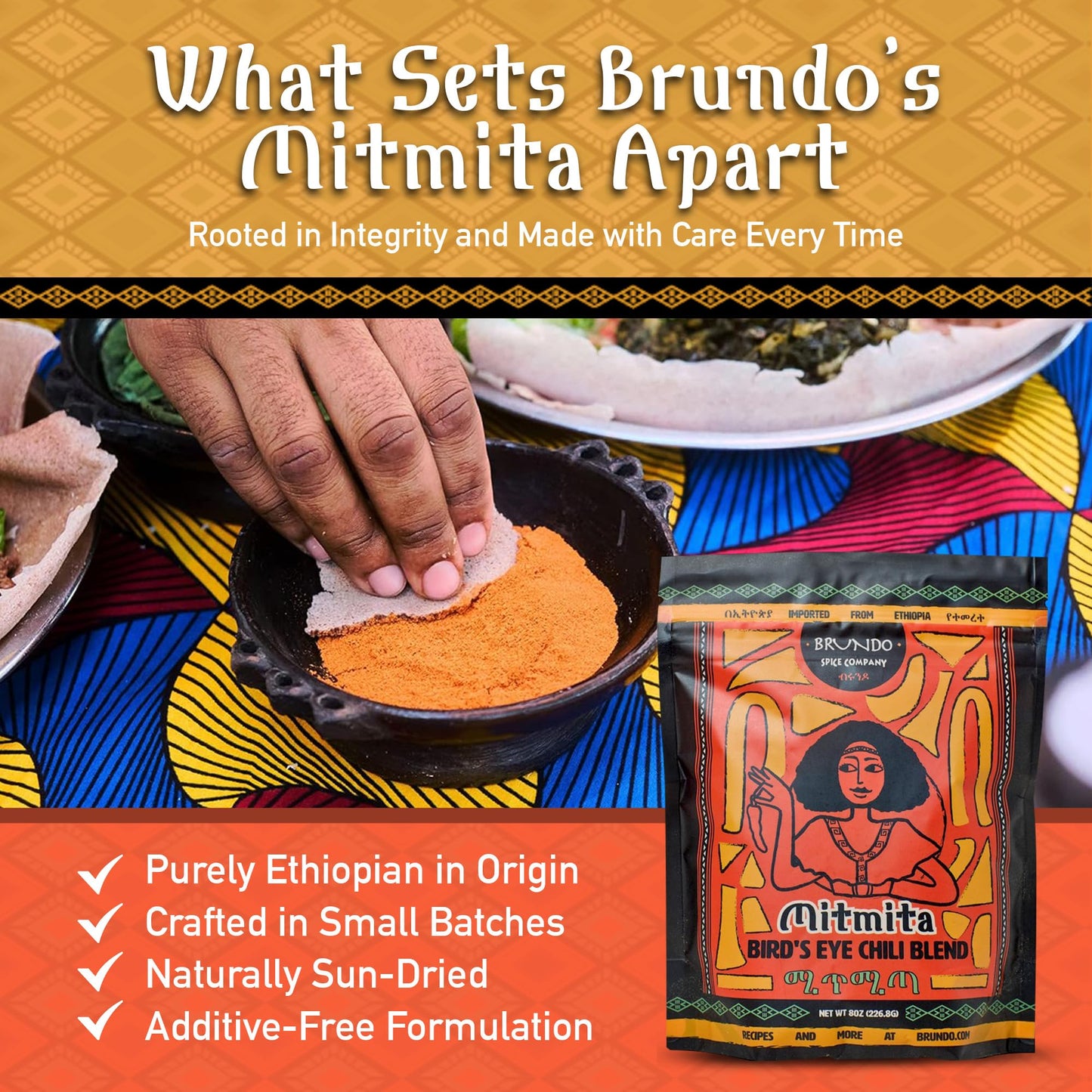 Brundo Ethiopian Spice Company Mitmita | Imported Authentic Ethiopian Spice Blend With Bird's Eye Chili Pepper (8 oz) | Processed in and Imported from