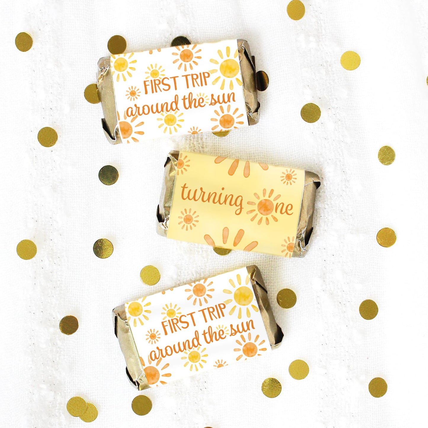 DISTINCTIVS First Trip Around the Sun 1st Birthday Mini Candy Bar Wrappers - 42 Count - Boho Sunshine Design - Turning One Party Favors for Boy or