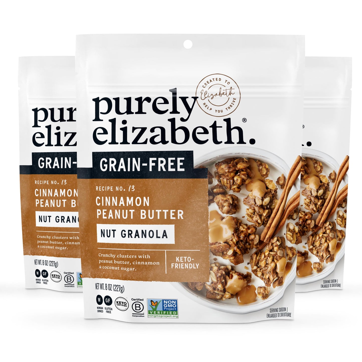Purely Elizabeth, Cinnamon Peanut Butter, Keto Granola with MCT Oil, Grain-Free (3 Ct, 8oz Bags)