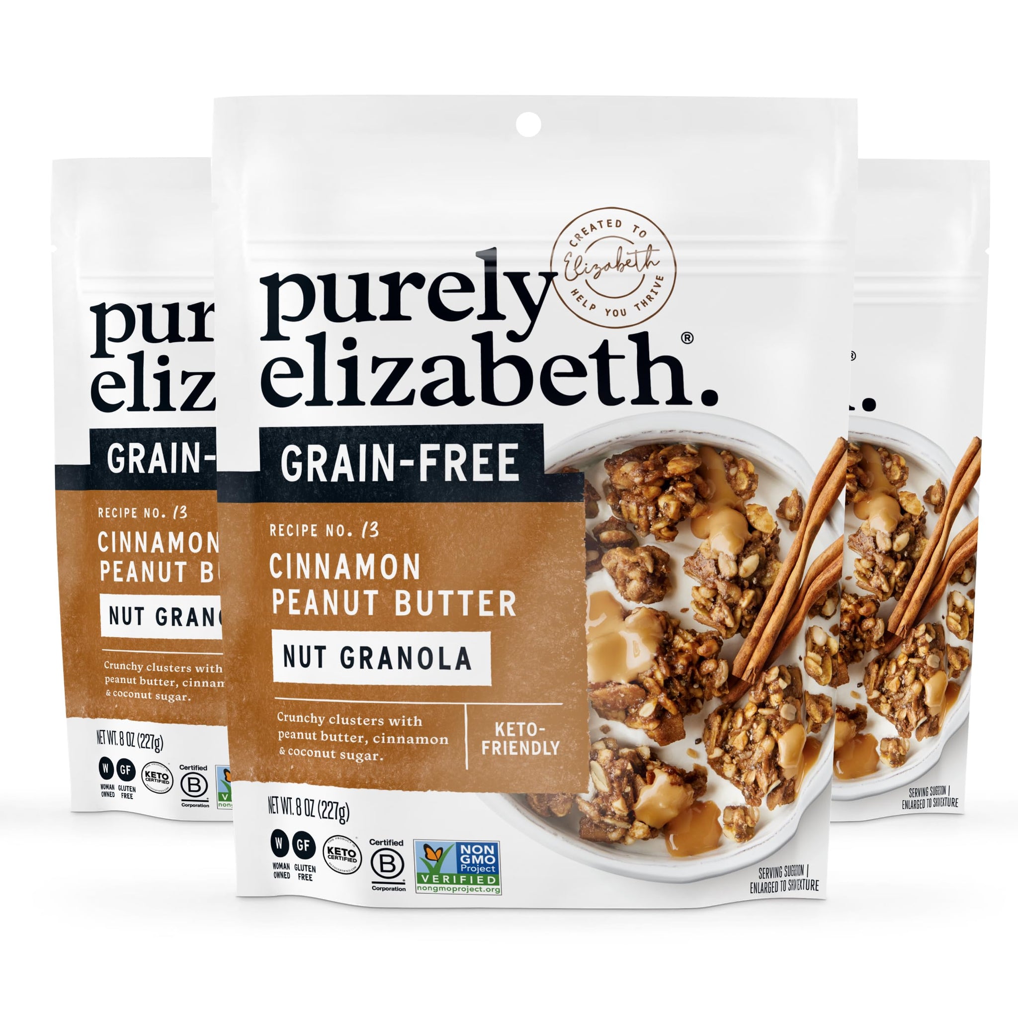 Purely Elizabeth, Cinnamon Peanut Butter, Keto Granola with MCT Oil, Grain-Free (3 Ct, 8oz Bags)