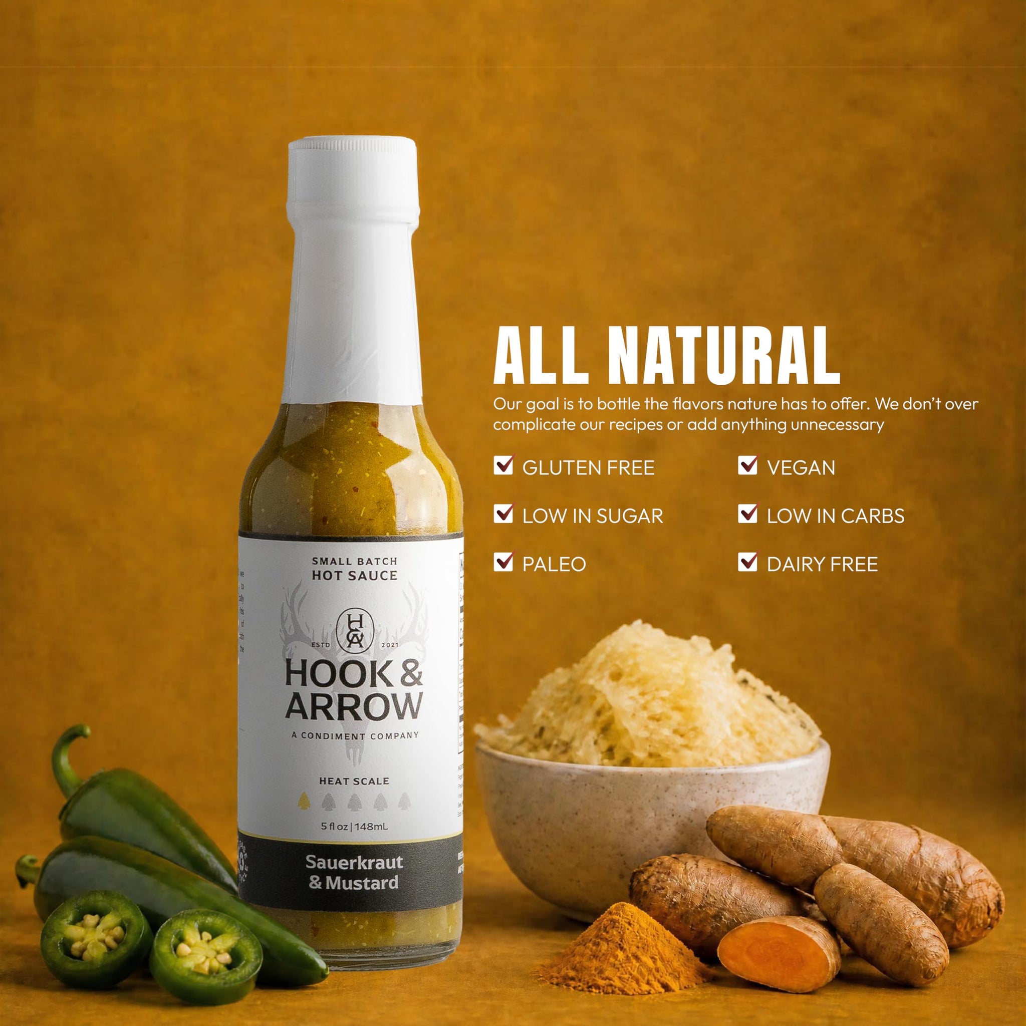 Hook & Arrow Sauerkraut & Mustard Hot Sauce - Low Sugar Mild Spicy Sauce with Brown Mustard, Gluten-Free, Vegan, Paleo (5 fl oz, 30 Servings)