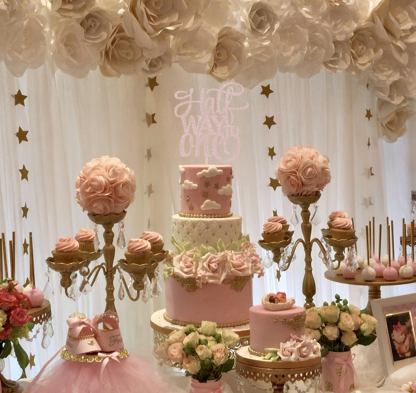 AHAORAY Half Way To One Cake Topper - Rose Gold Glitter 6 Months Birthday Decorations Supplies - Half Birthday Decorations Baby Girl, for Baby
