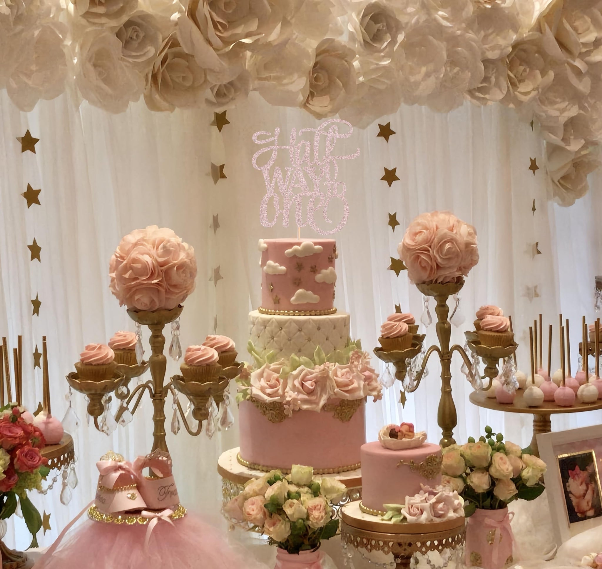 AHAORAY Half Way To One Cake Topper - Rose Gold Glitter 6 Months Birthday Decorations Supplies - Half Birthday Decorations Baby Girl, for Baby