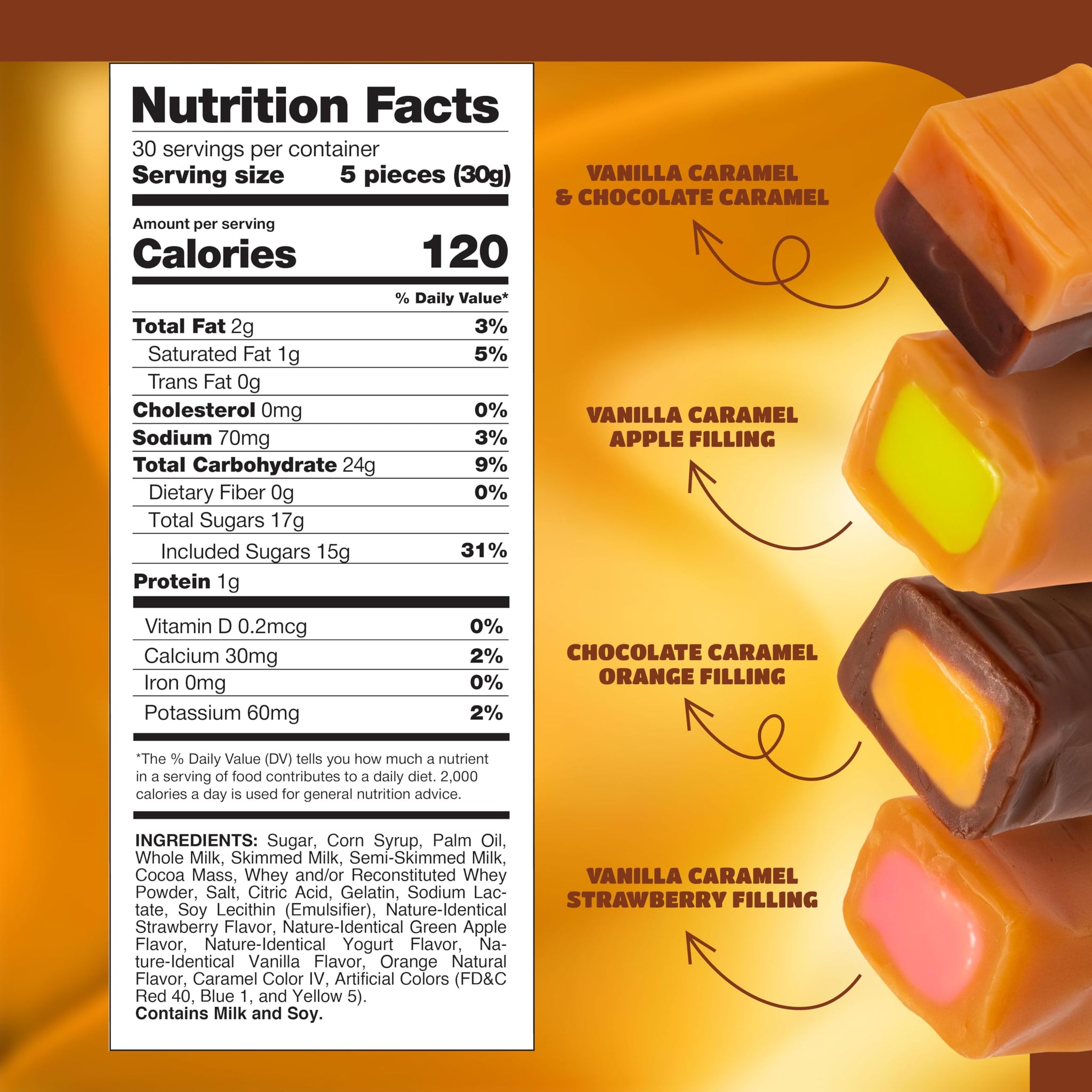 Caramel Candy Mix - 2 Pound Pack 150 Count - Filled Creamy Caramels Individually Wrapped - Vanilla, Chocolate, Apple, and Strawberry Cubes - Chewy