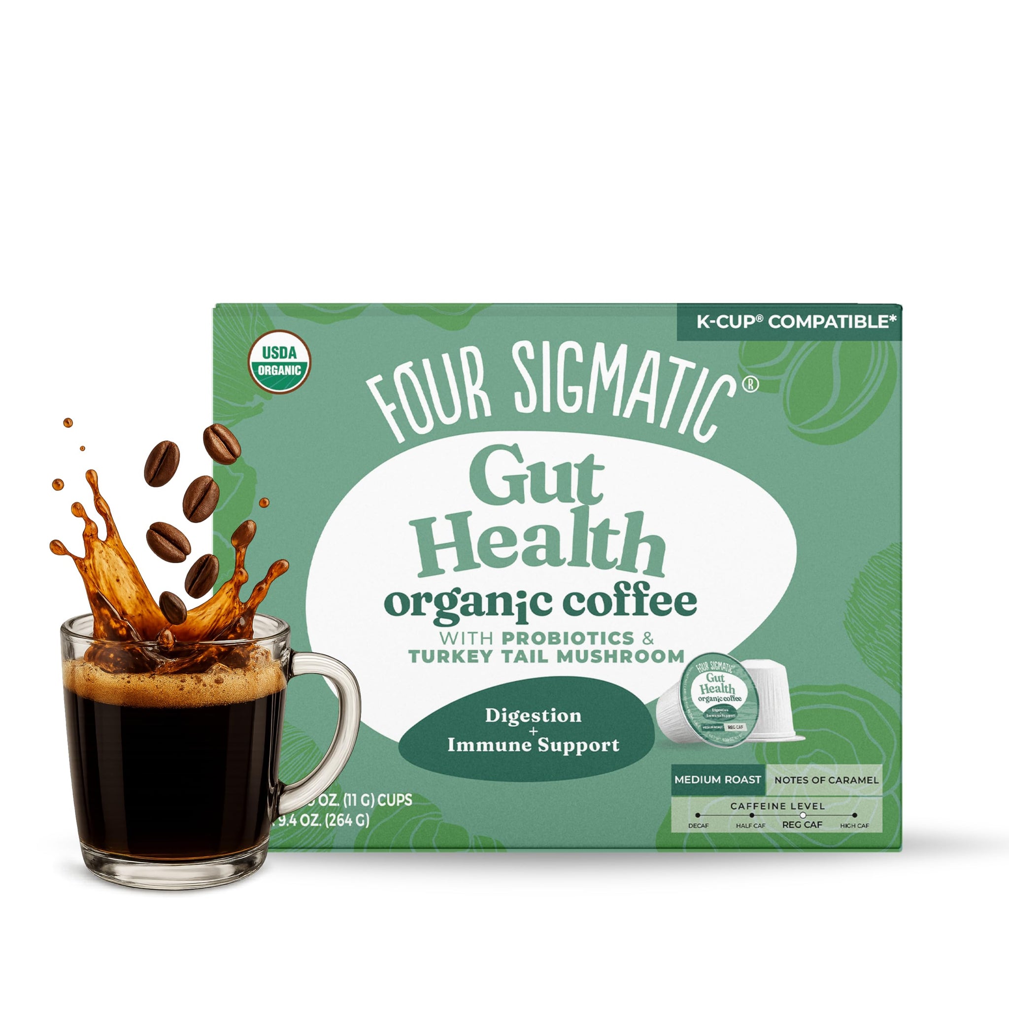 Four Sigmatic Gut Health Organic Coffee Pods | Medium Roast Probiotic K Cups with Chaga and Turkey Tail | Immune Boosting, Probiotic Mushroom Coffee K