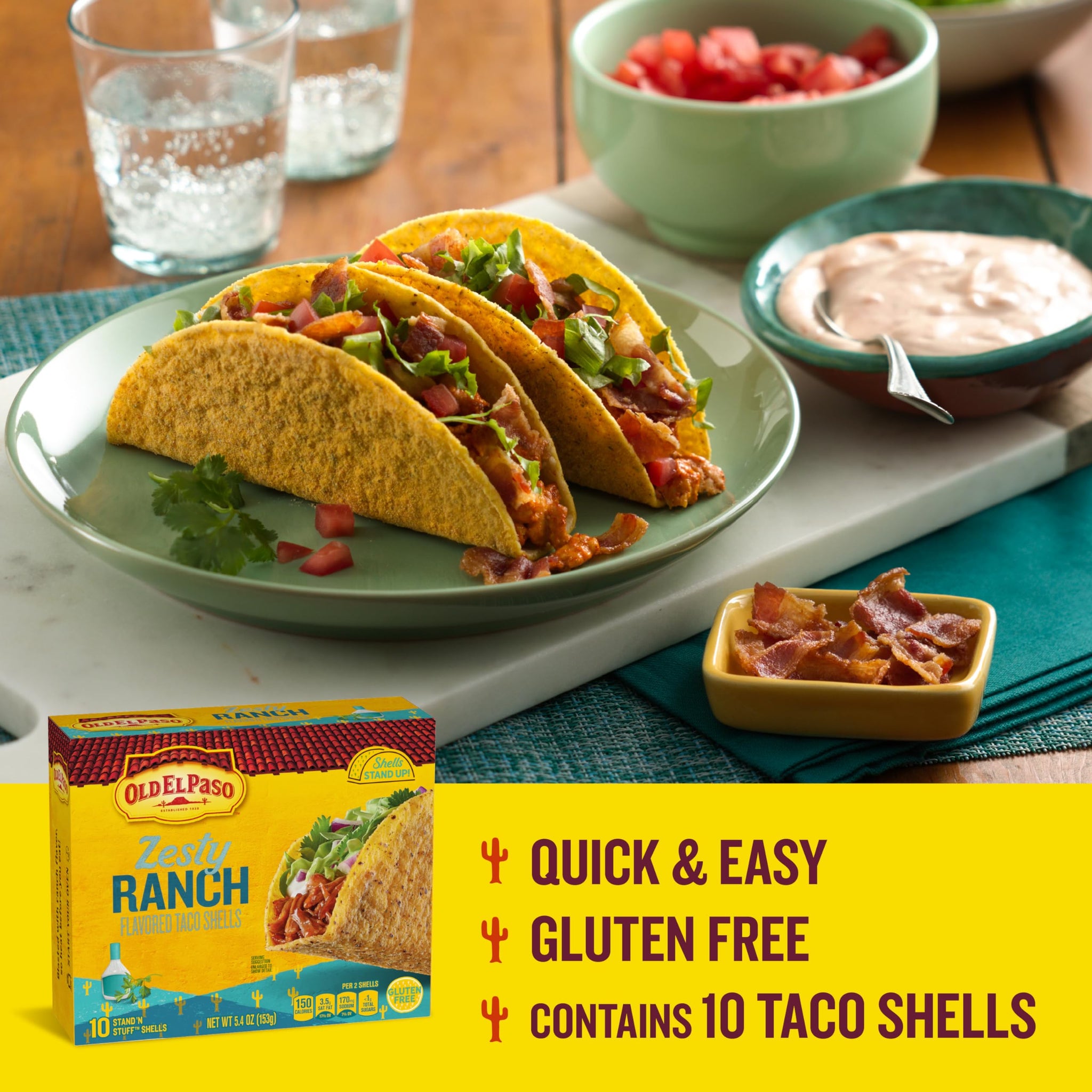 Old El Paso Stand 'N Stuff Taco Shells, Zesty Ranch, Gluten Free Crunchy Corn Taco Shells, 10 Ct, 5.4 oz