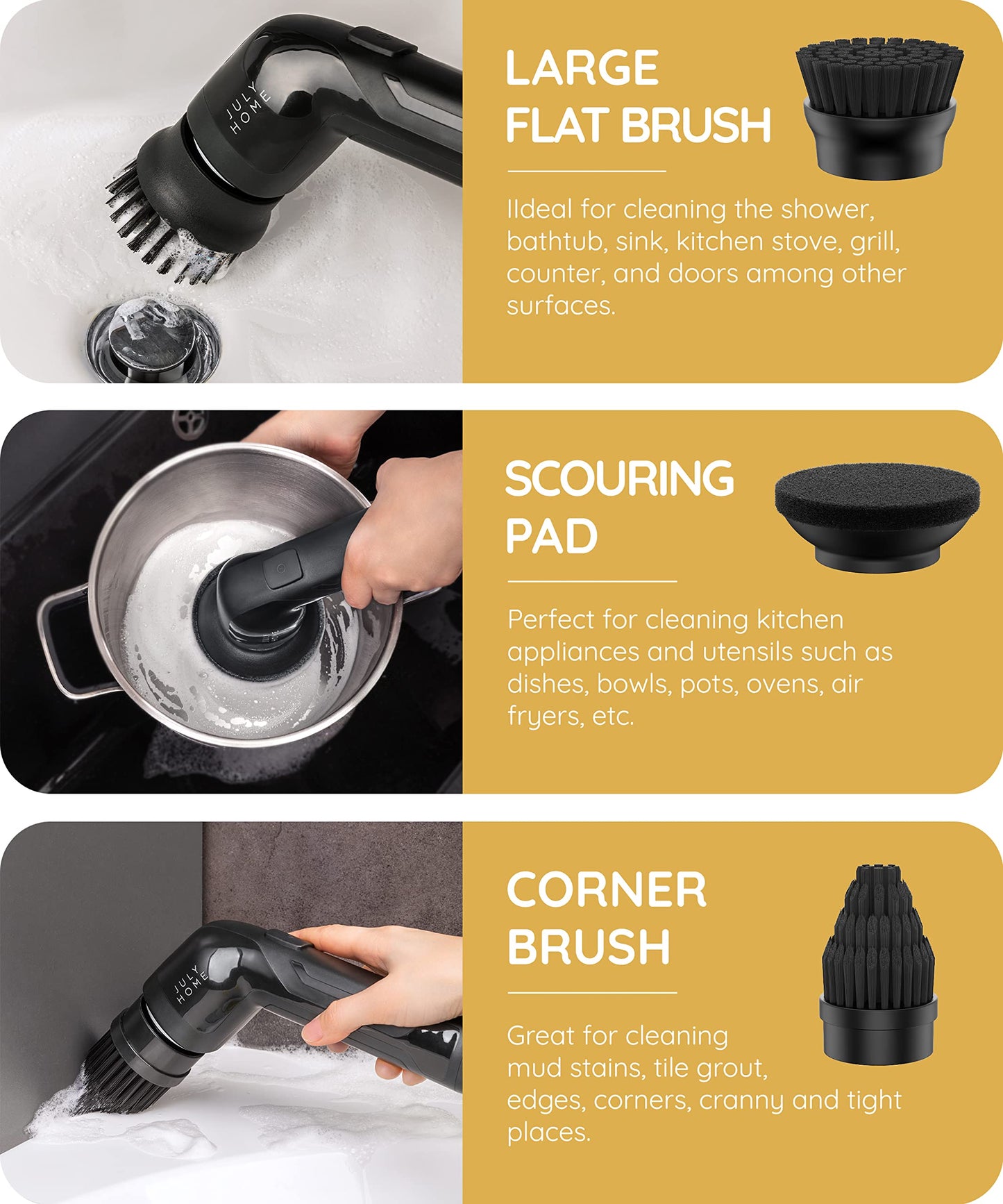 JULY HOME Handheld Electric Spin Scrubber, Cordless Automatic Power Scrubber for Shower, Cleaner for Tile, Grill, Dish, Sink, Shower Scrubber with 3