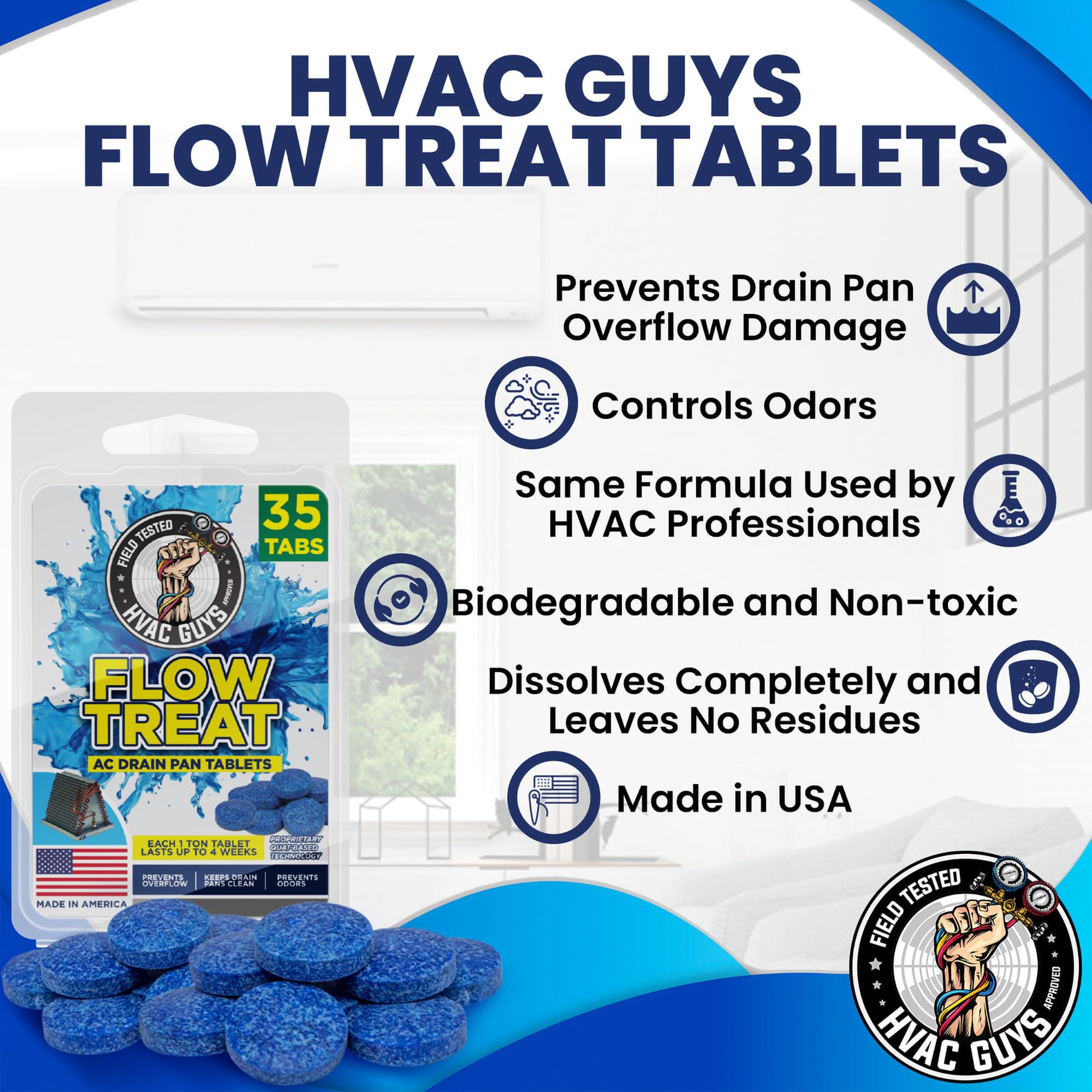 HVAC Guys AC Drain Pan Tablets 35PK | Flow Treat Tablets Prevents Odors, Keeps HVAC Drain Pan Clean, Prevents Overflow | One Tablet Lasts up to 4
