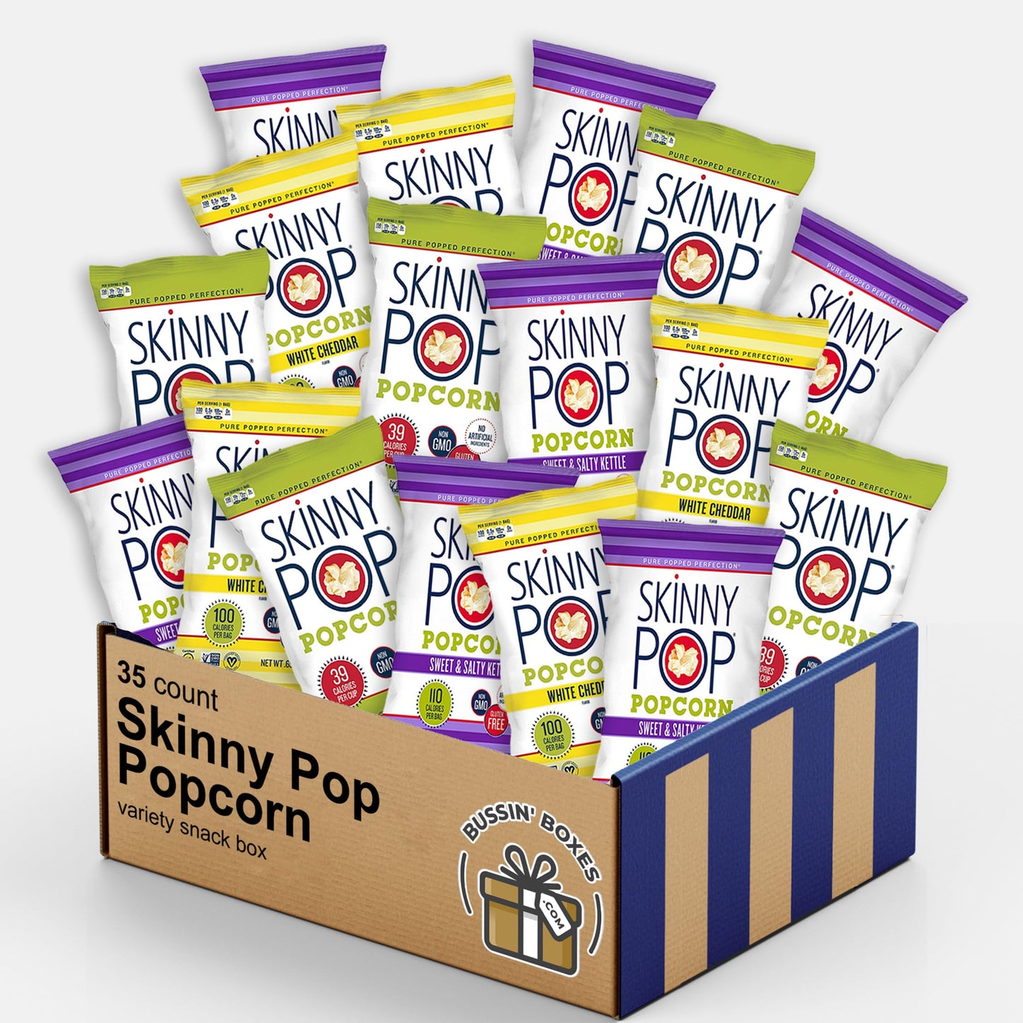 Bussin Boxes Variety Snack Box with Skinny Pop Popcorn Individual Bags (35 Count)