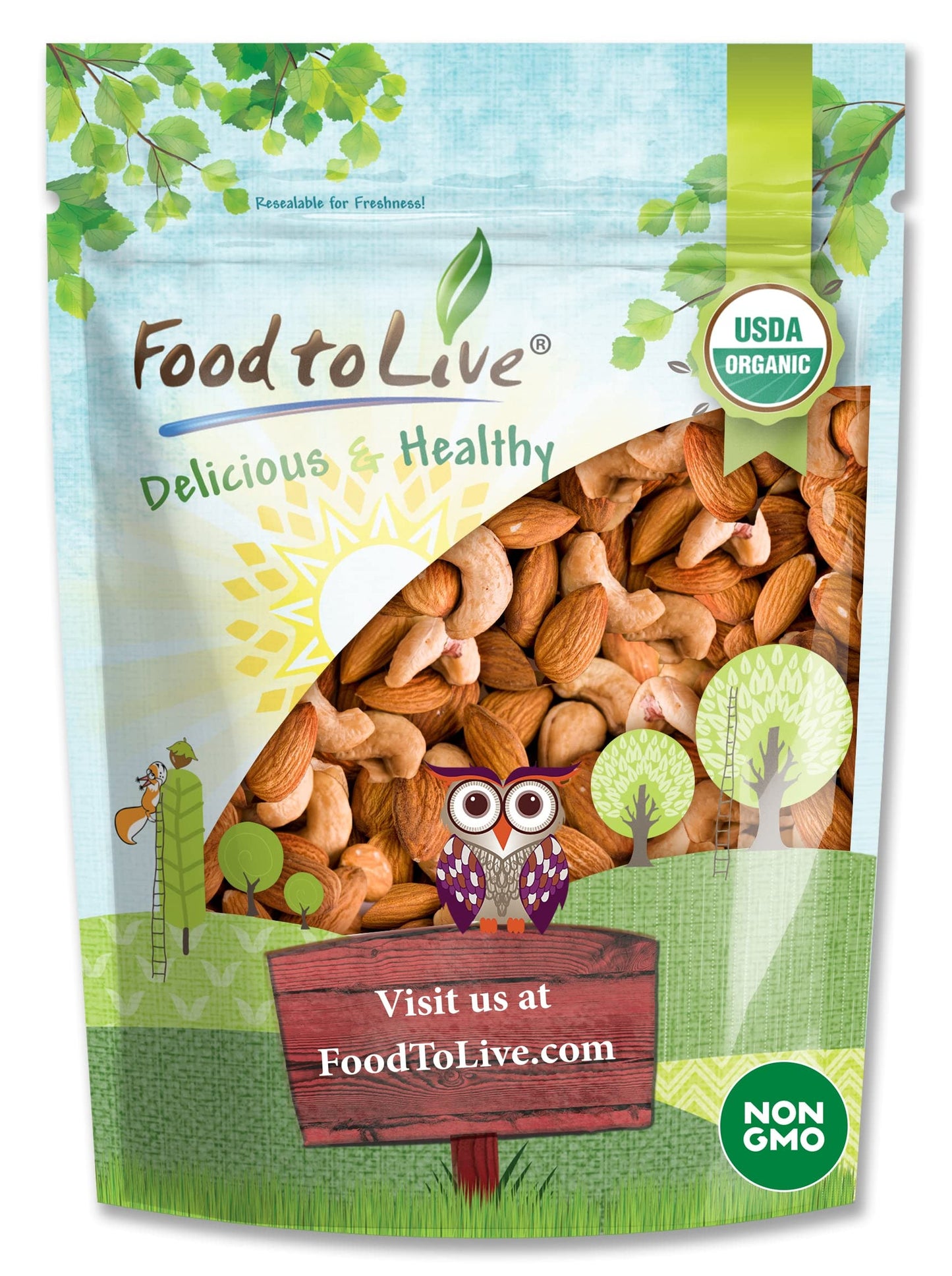 Food to Live Organic Almonds and Cashews Mix, 8 Ounces - Oven Roasted Nuts with Himalayan Salt, Non-GMO, Protein Rich Trail Mix, Healthy Vegan Snack