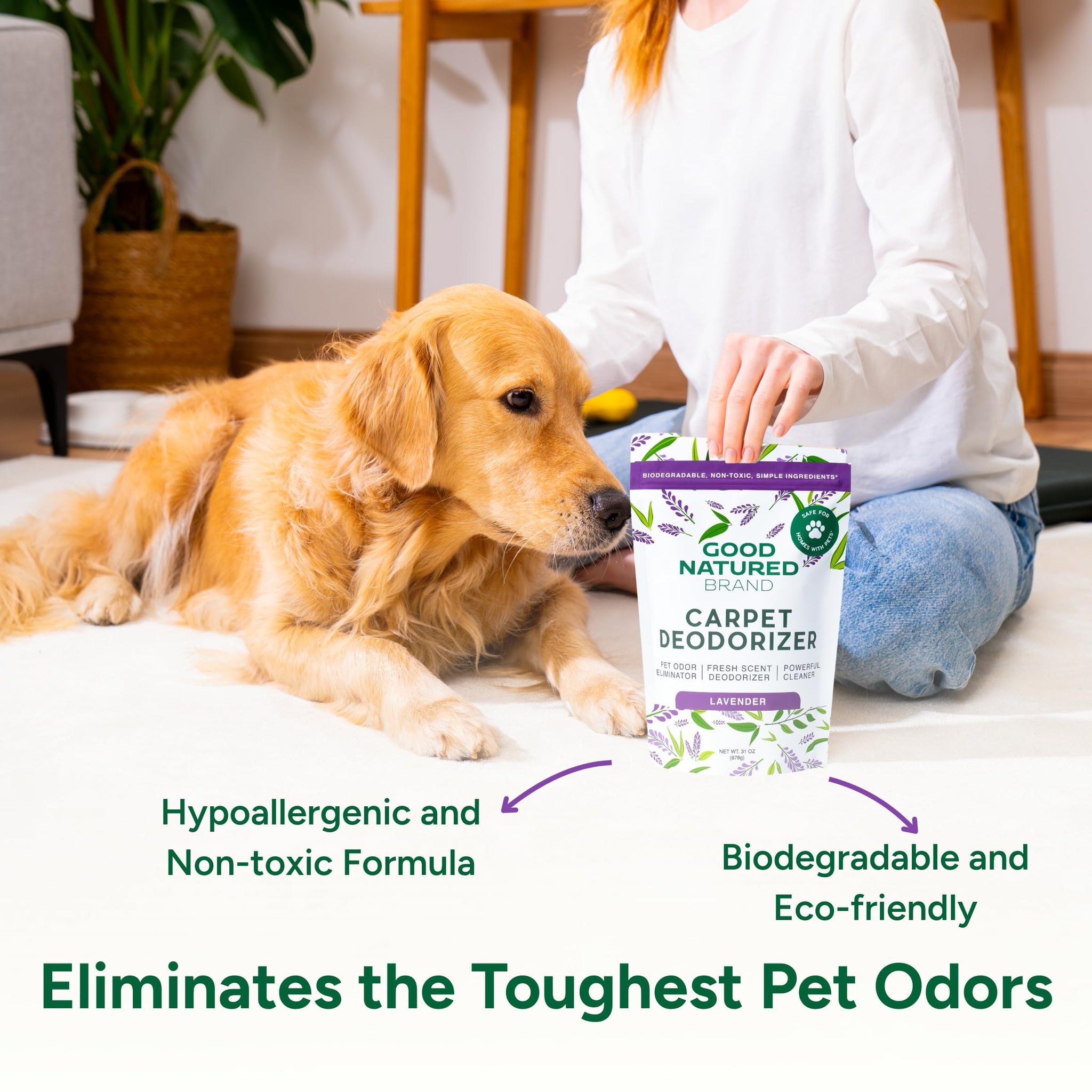 Good Natured Brand | Carpet Deodorizer & Freshener Powder | 31 oz Pet Odor Eliminator for Strong Odor & Pet Urine | Fresh Natural Lavender Scent |