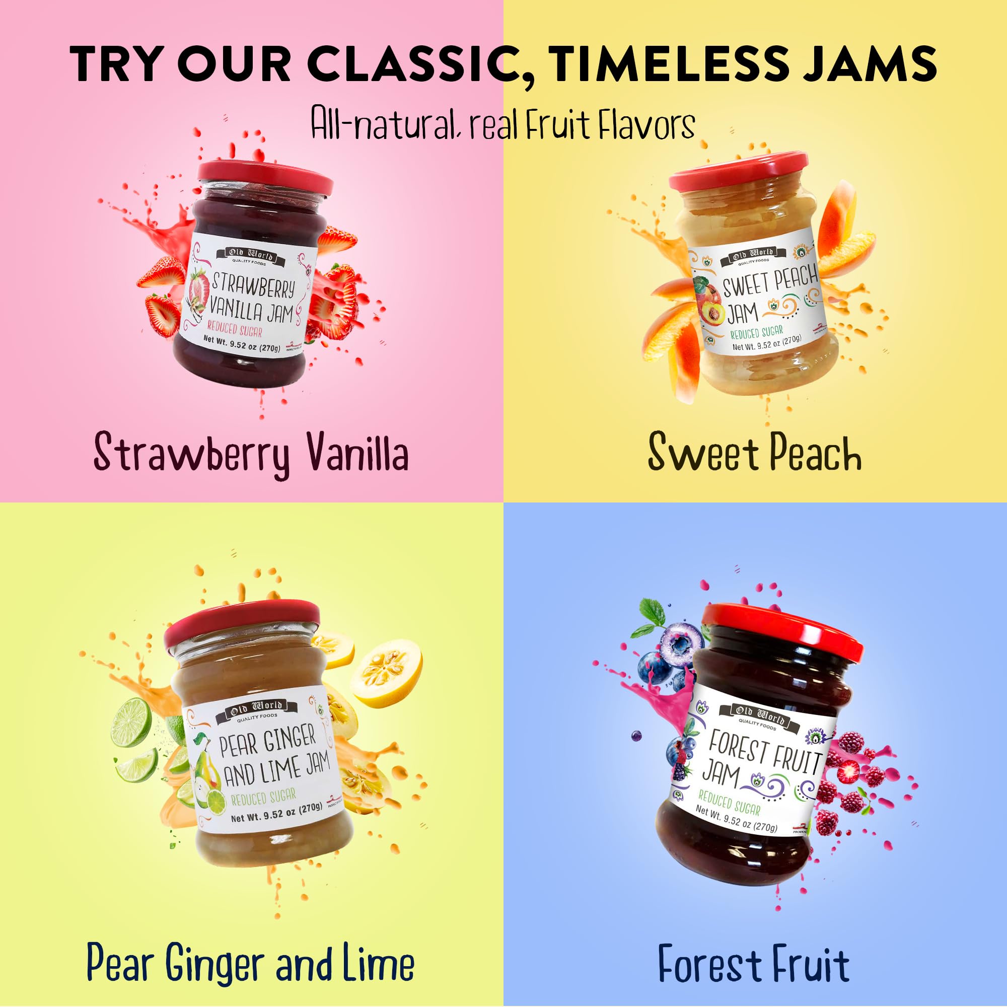 Old World Quality Foods Jam Assortment 4CT/ 9.52oz each