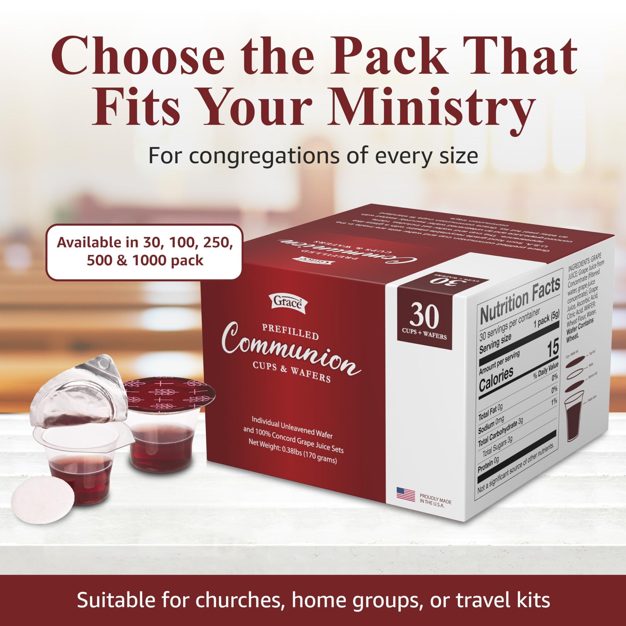 Prefilled Communion Cup and Wafer Set - Box of 30 Bread and Grape Juice for Holy Communion