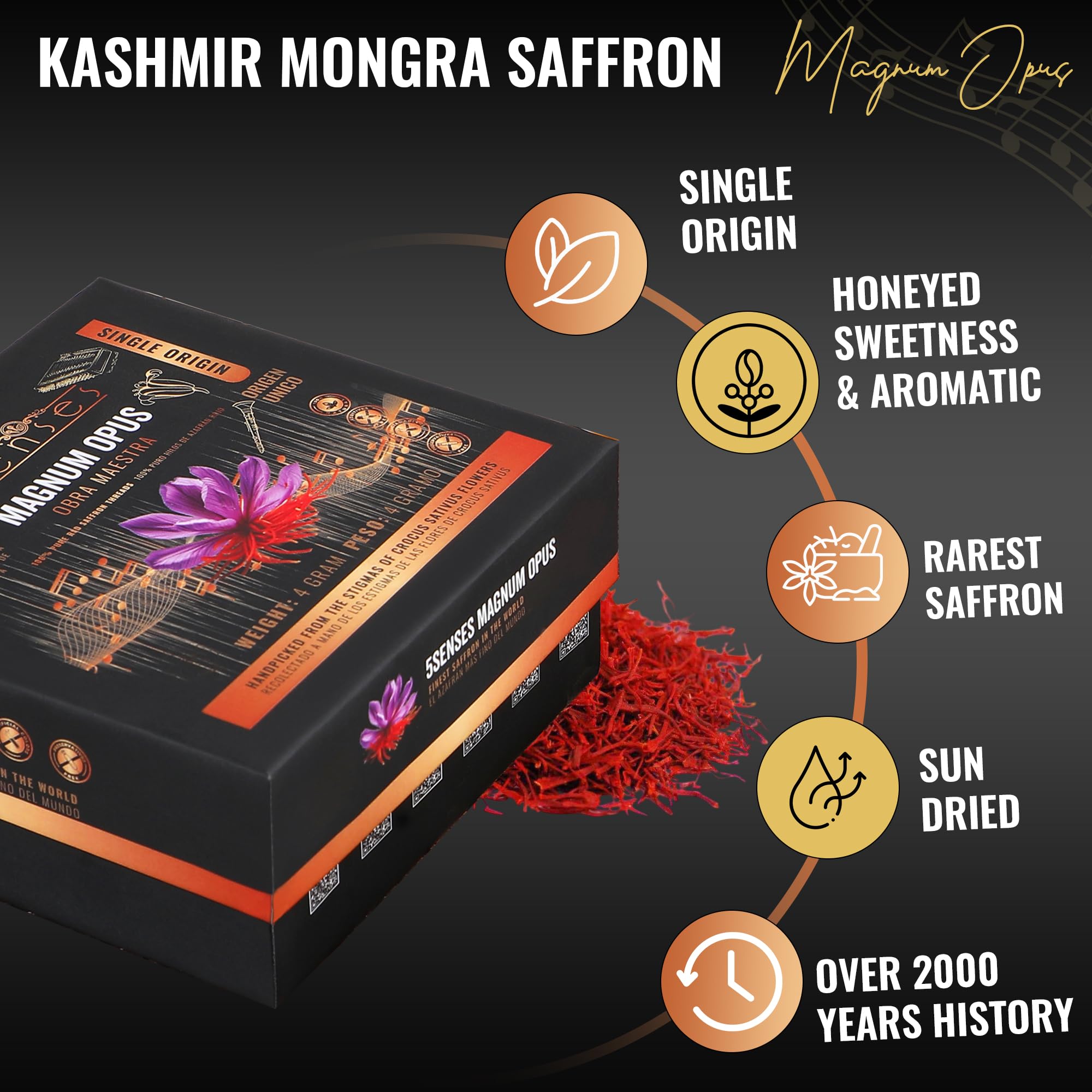5Senses Kashmir Mongra Saffron | Azafran | Magnum Opus | Premium Grade A Saffron Threads | Whole Red Gold Spice | Single Origin, Non-GMO, Fairtrade