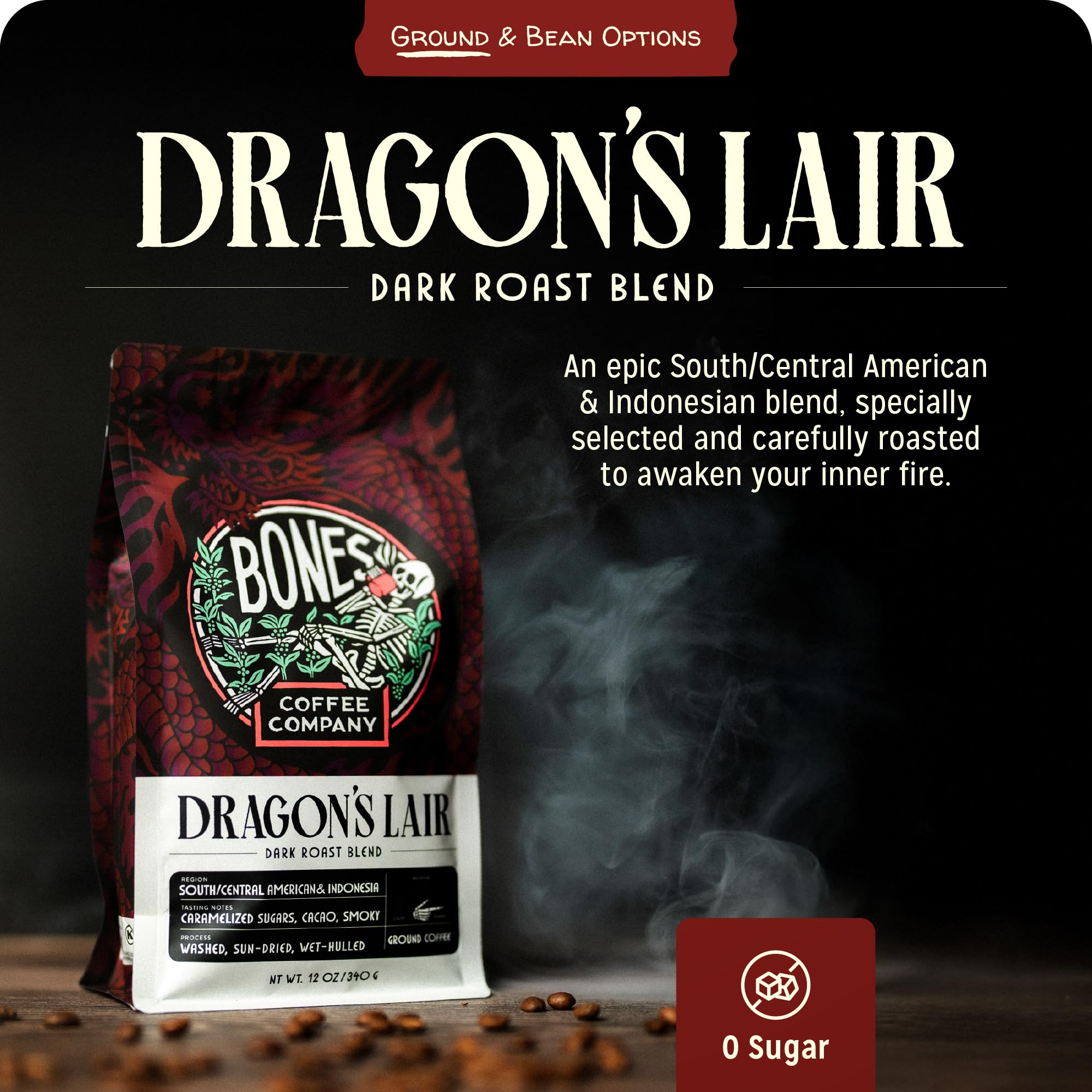 Bones Coffee Company Dragon's Lair - Dark Roast Coffee - Ground - Low-Acid Arabica Coffee Beans - South/Central America and Indonesia Grown