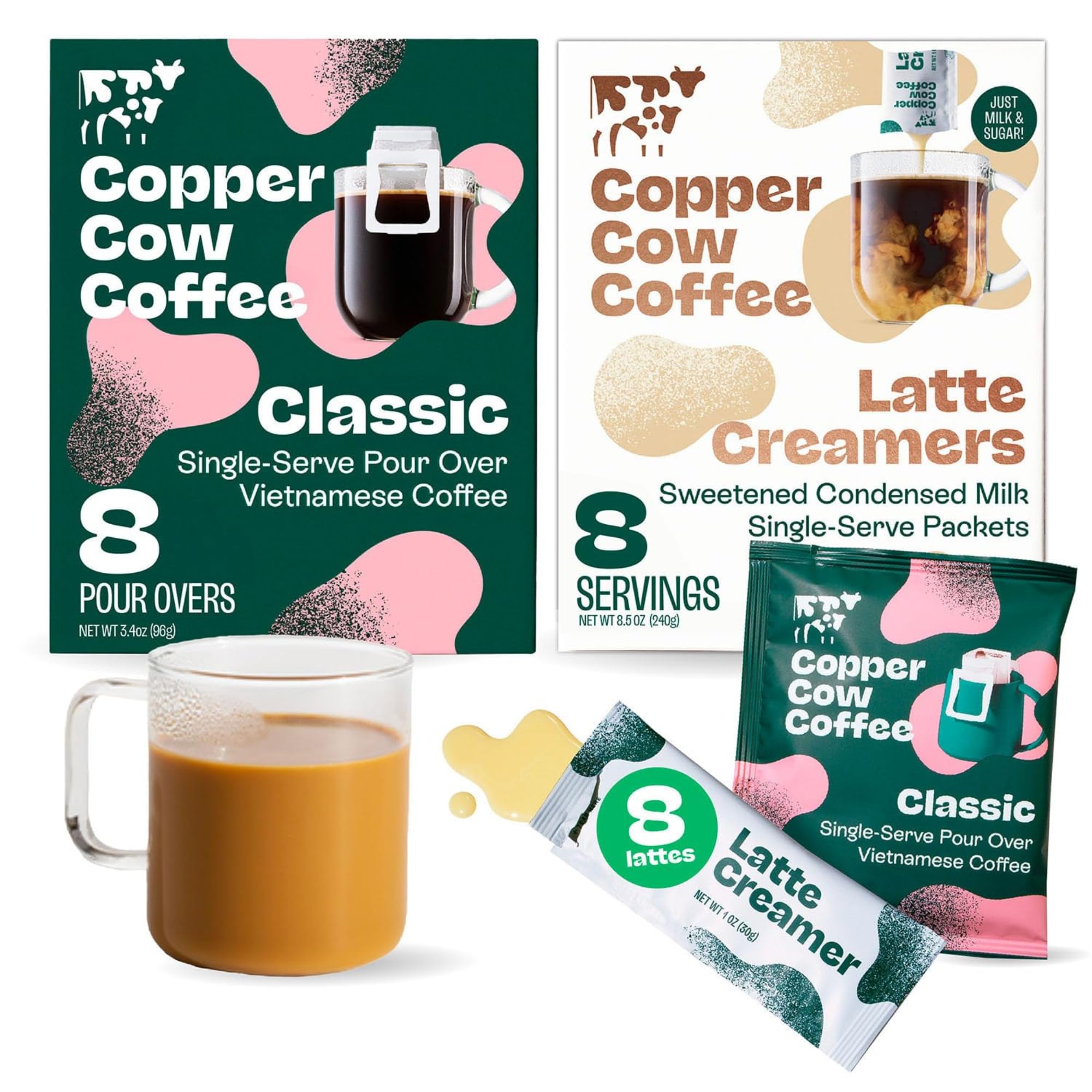 Copper Cow Coffee Pour Over Vietnamese Coffee Pouches + Sweetened Condensed Milk Creamers (8 Coffees & 8 Milk Creamers) | Classic Black Lattes, No