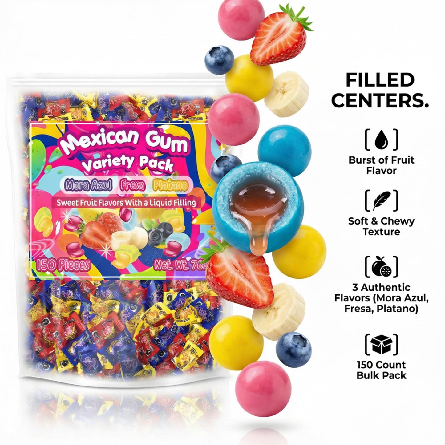 Mexican Bubble Gum Variety Pack, 150 Pcs. Authentic Bubblegum Fruit Flavors, Banana, Strawberry, and Blueberry, by Don Turinos