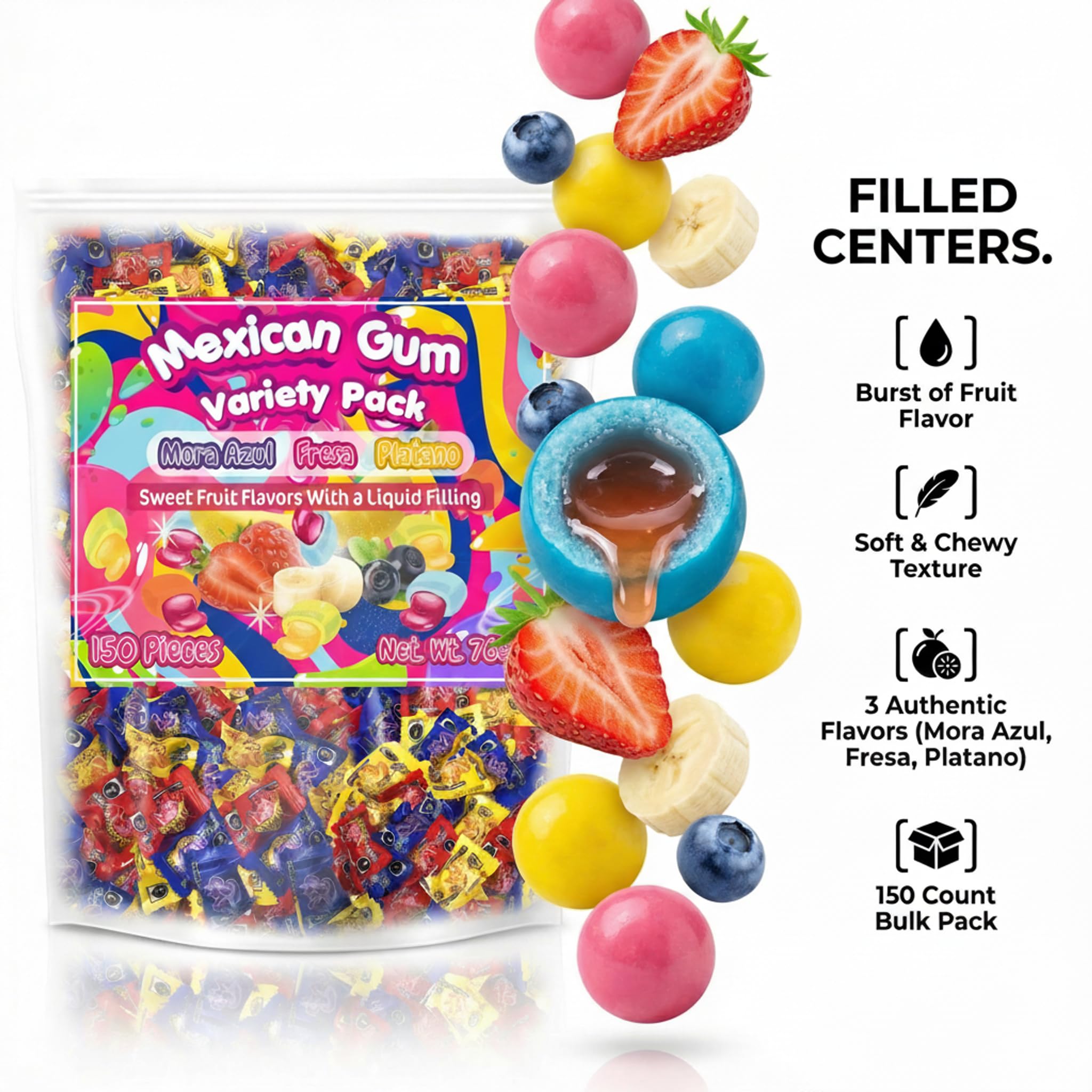 Mexican Bubble Gum Variety Pack, 150 Pcs. Authentic Bubblegum Fruit Flavors, Banana, Strawberry, and Blueberry, by Don Turinos
