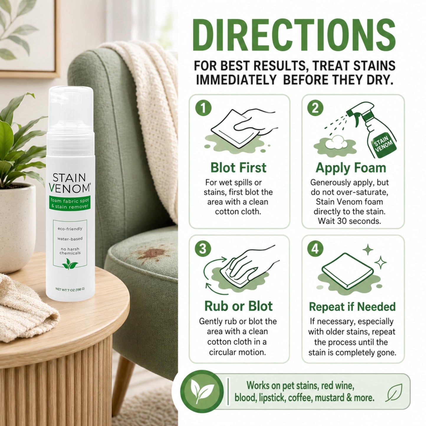 Stain Venom Foam Multi-Use Laundry and Fabric Stain Remover - 7 oz Bottle - Free From PFAAS, PFOS, PFOA, VOC’s, And 1,4 Dioxane- Works On Fresh Pet