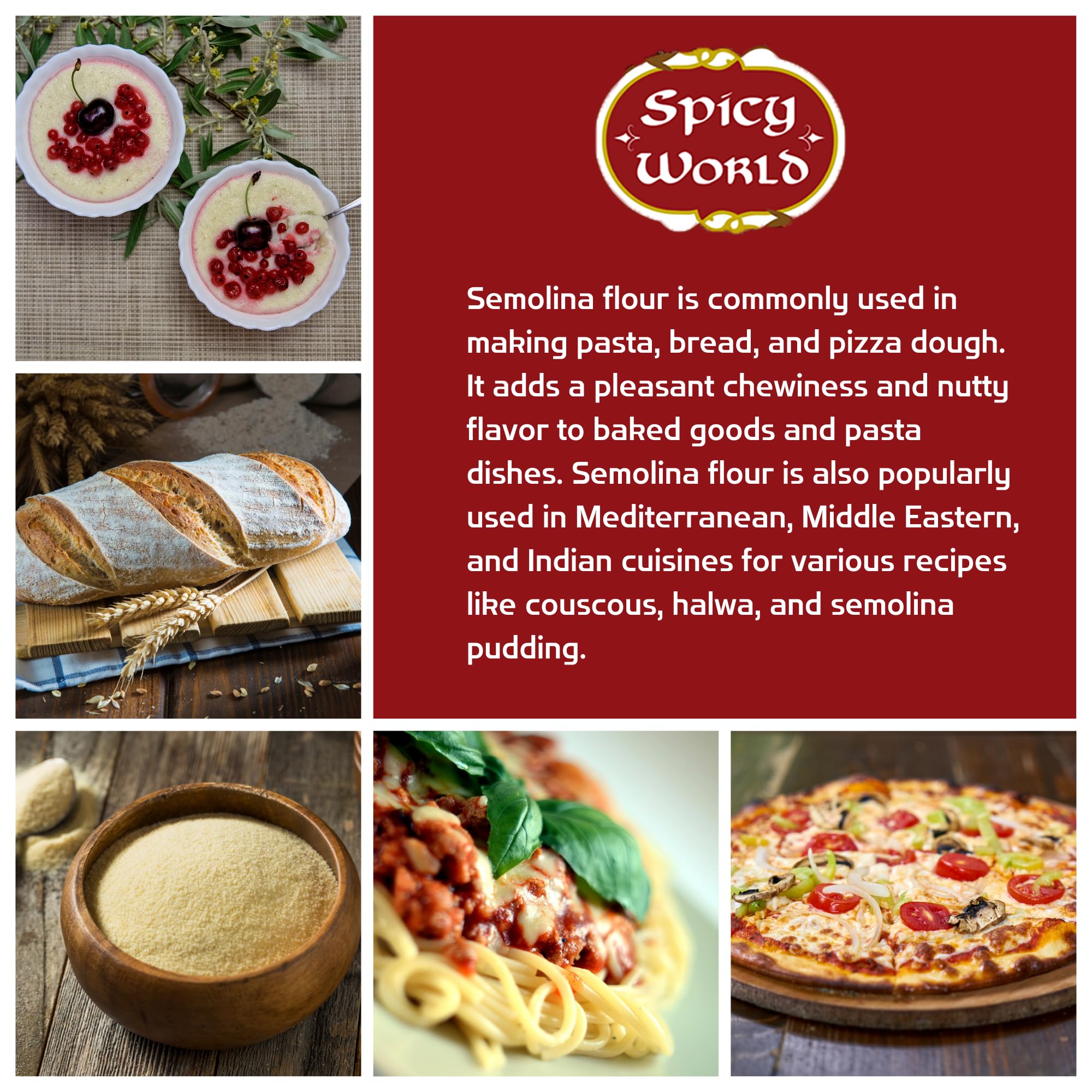 Spicy World Semolina Flour 3 LB (48 Ounce) | USA Grown Semolina for Pizza, for Pasta, and Bread Making | Fine Ground, Bulk Yellow Durum Semola Flour