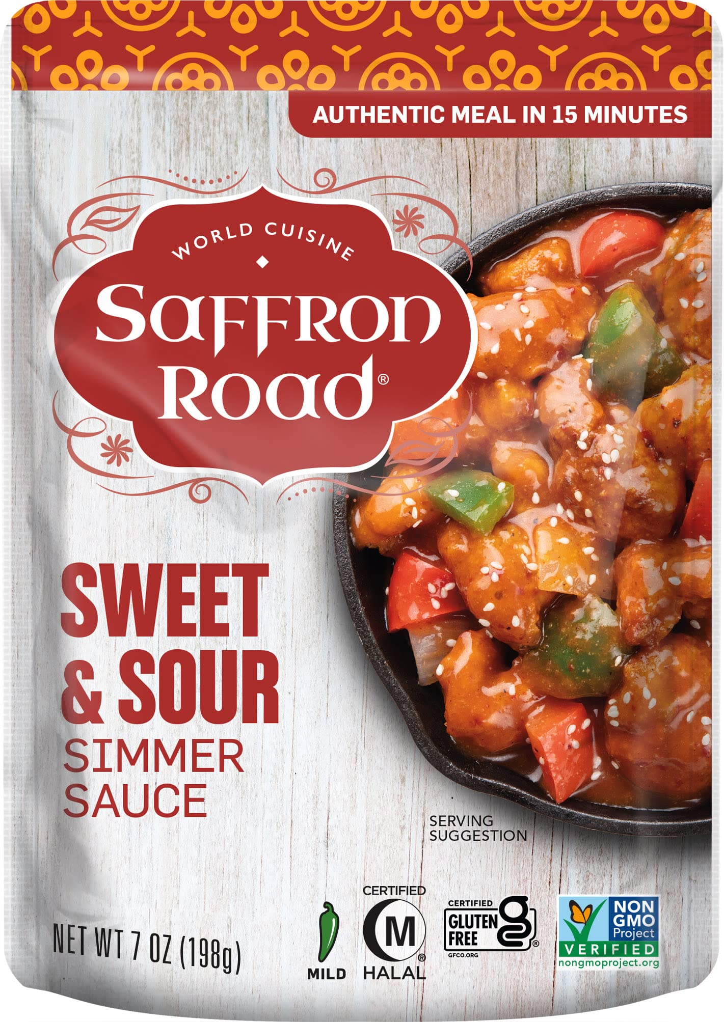 Saffron Road Sweet and Sour Simmer Sauce | Globally Inspired Simmer Sauce | Gluten-free, Vegan, Non-GMO, and Certified Halal and Kosher | 7.0oz Pouch