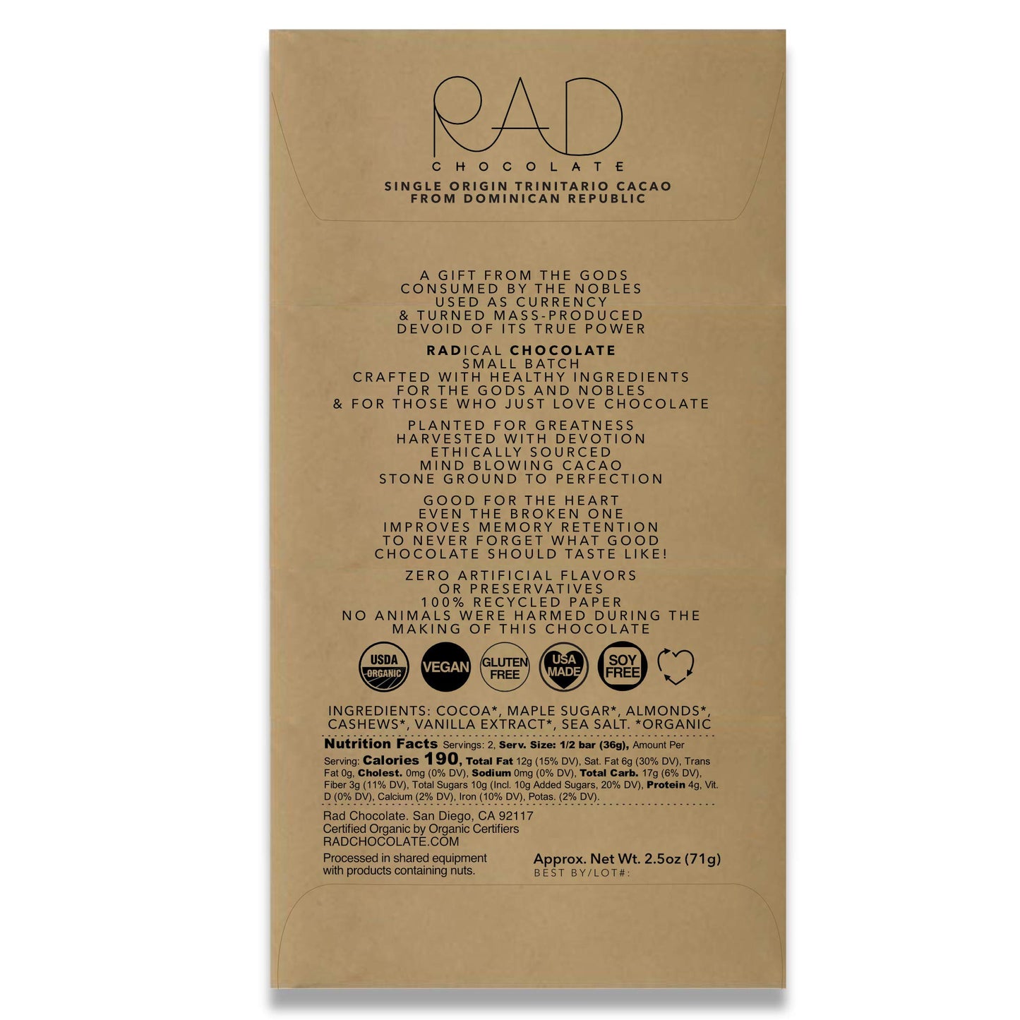 Rad Chocolate Vegan Milk Chocolate Maple Sugar | 3 pack | Certified Organic | Gluten & Soy Free Chocolate | Paleo Friendly
