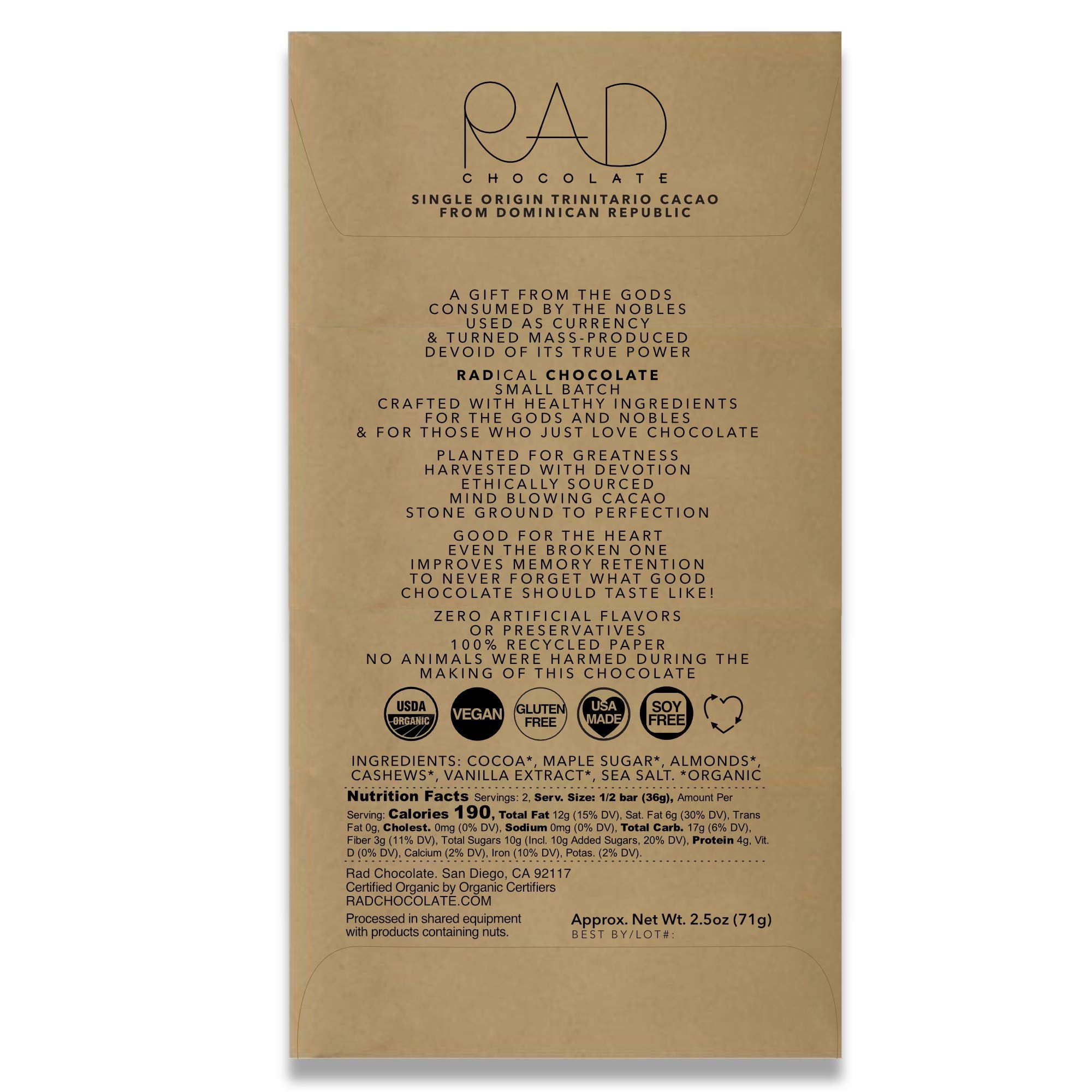Rad Chocolate Vegan Milk Chocolate Maple Sugar | 3 pack | Certified Organic | Gluten & Soy Free Chocolate | Paleo Friendly