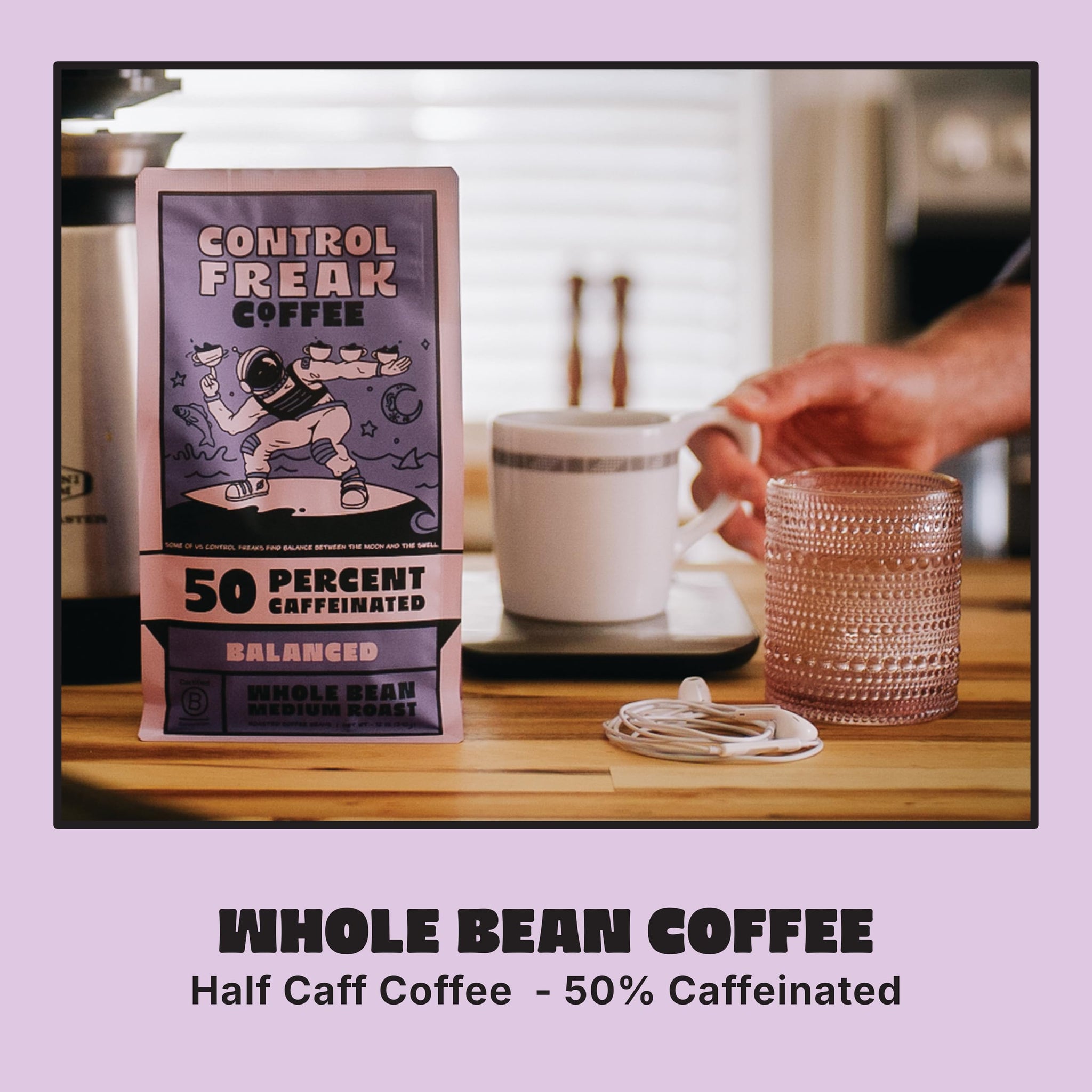 Control Freak Coffee Balanced - 50% Caffeine Whole Bean Coffee (12 Oz) | Half Caff Coffee Blend for Smooth Focus, Full Flavor for Half the Buzz |