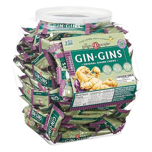 Gin Gins Chewy Ginger Candy Bulk Pack | Individually Wrapped Candies in Reusable Plastic Tub | Gluten Free and Vegan Ginger Chews, 275 Pieces