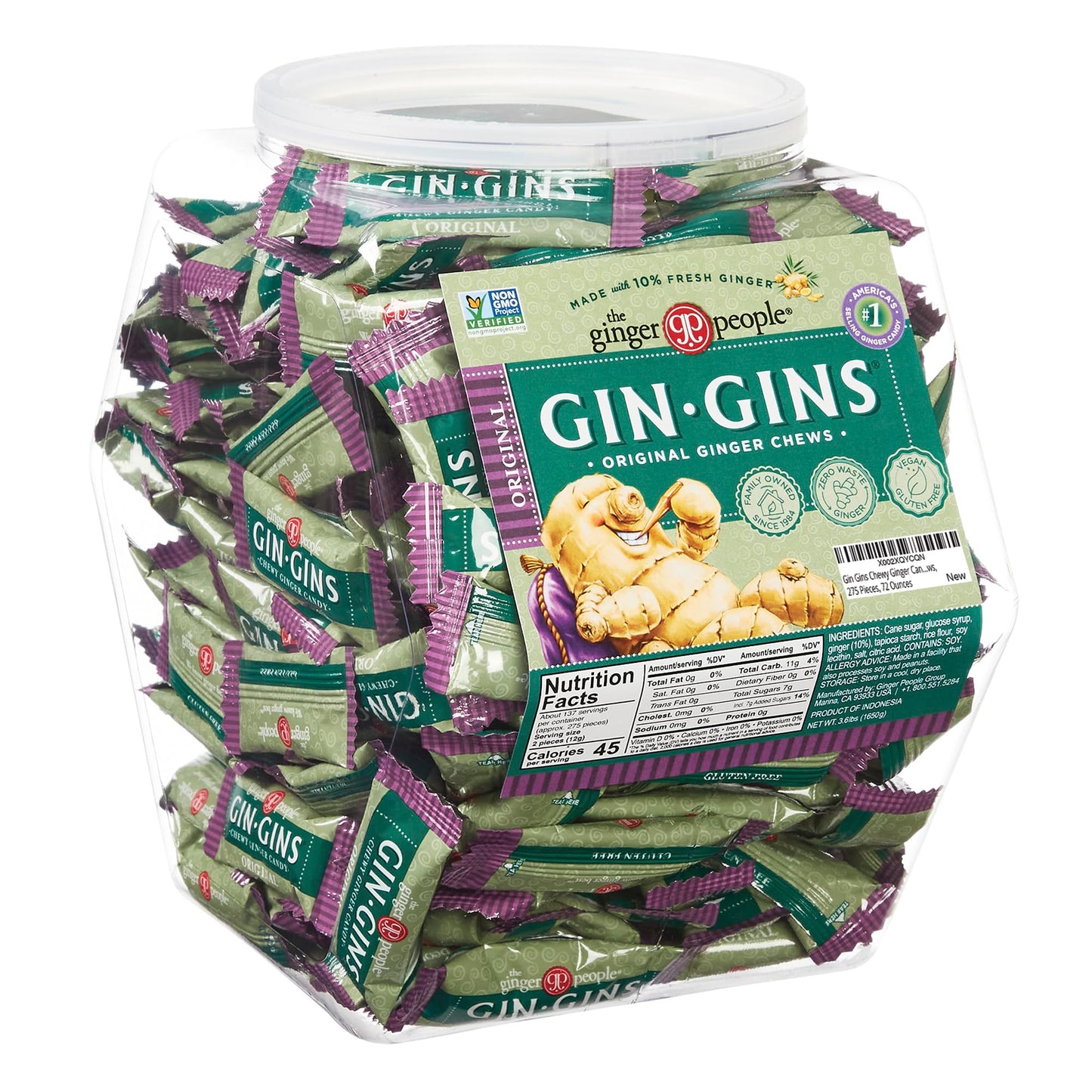 Gin Gins Chewy Ginger Candy Bulk Pack | Individually Wrapped Candies in Reusable Plastic Tub | Gluten Free and Vegan Ginger Chews, 275 Pieces