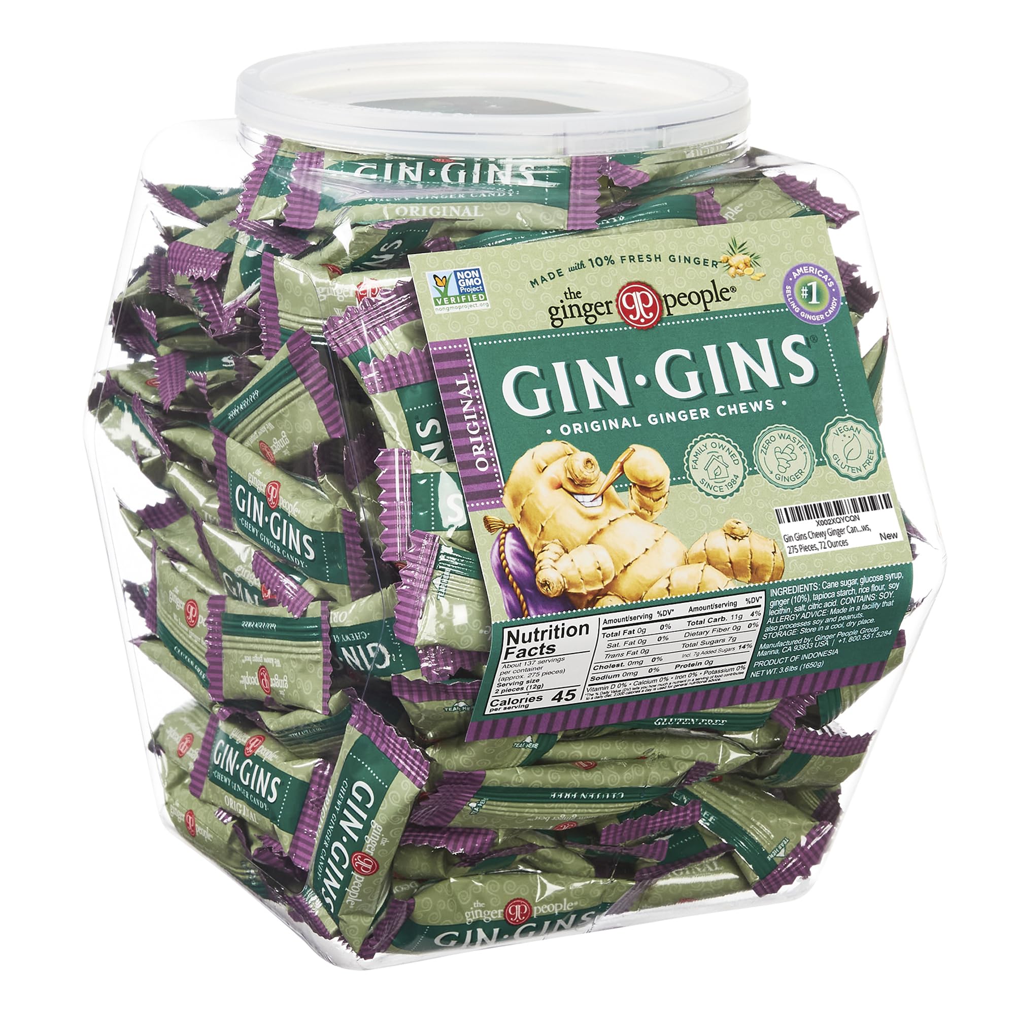 Gin Gins Chewy Ginger Candy Bulk Pack | Individually Wrapped Candies in Reusable Plastic Tub | Gluten Free and Vegan Ginger Chews, 275 Pieces