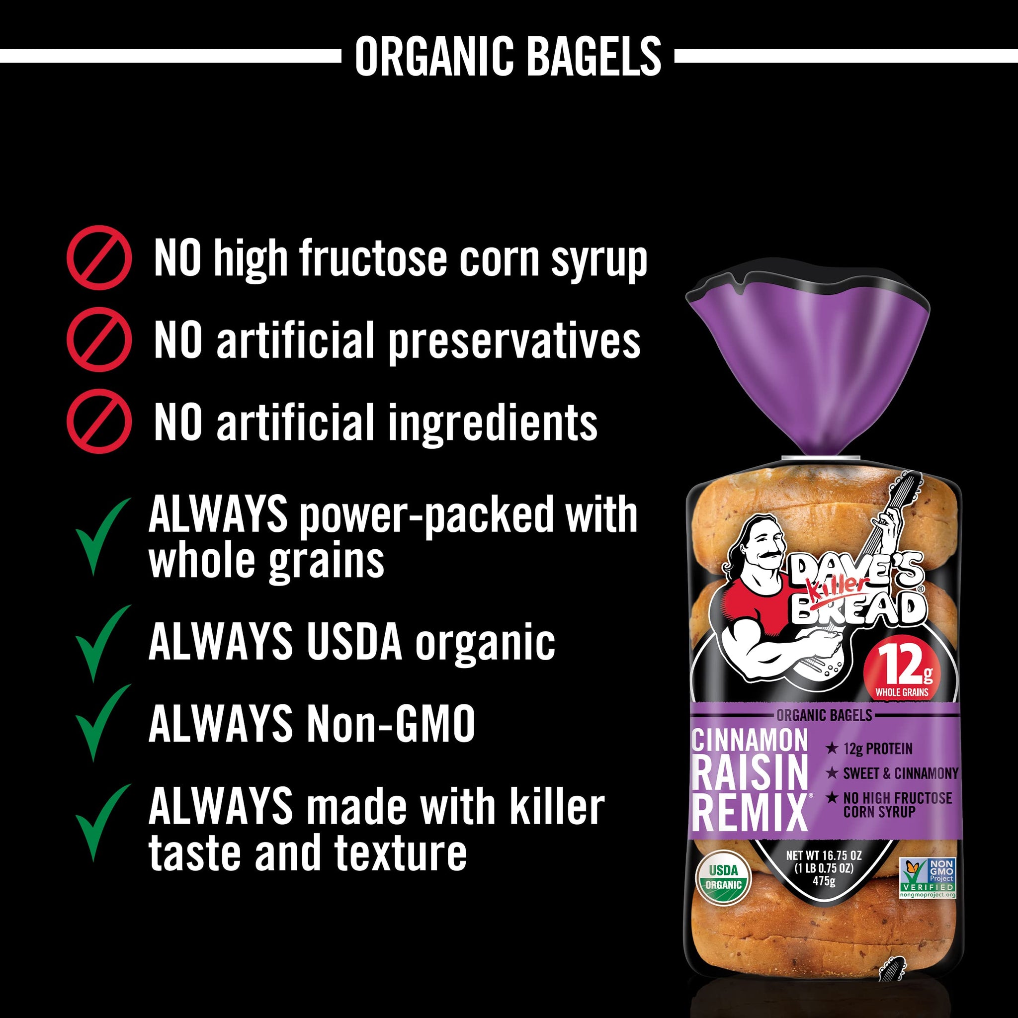Dave's Killer Bread Cinnamon Raisin Remix Bagels, Organic Cinnamon Raisin Bagels, 5 Count