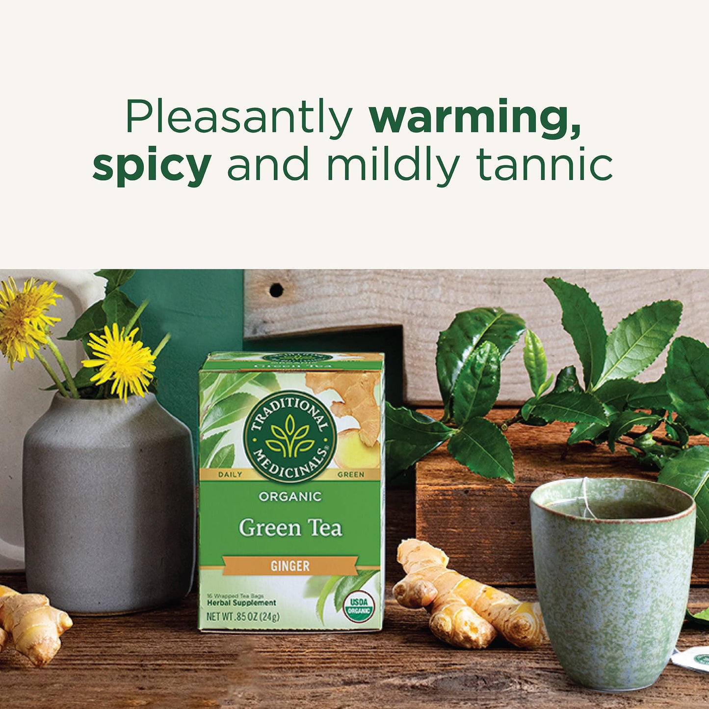 Traditional Medicinals Tea, Organic Green Tea Ginger - Promotes Healthy Digestion, Occasional Nausea & Indigestion Relief - Kosher, Non-GMO - 16 Tea