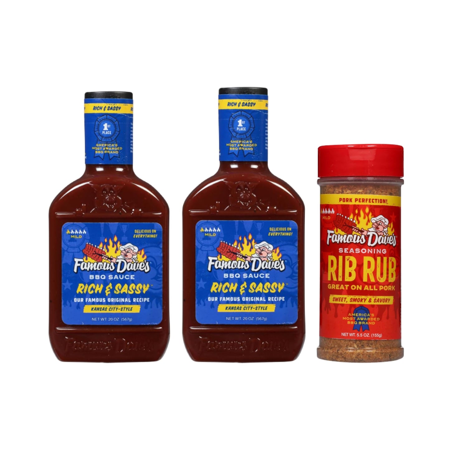 Famous Dave's Seasoning Variety Bundle - 2 pck Rich & Sassy BBQ Sauce & 1 pck Rib Rub Seasoning (45.5 oz.)